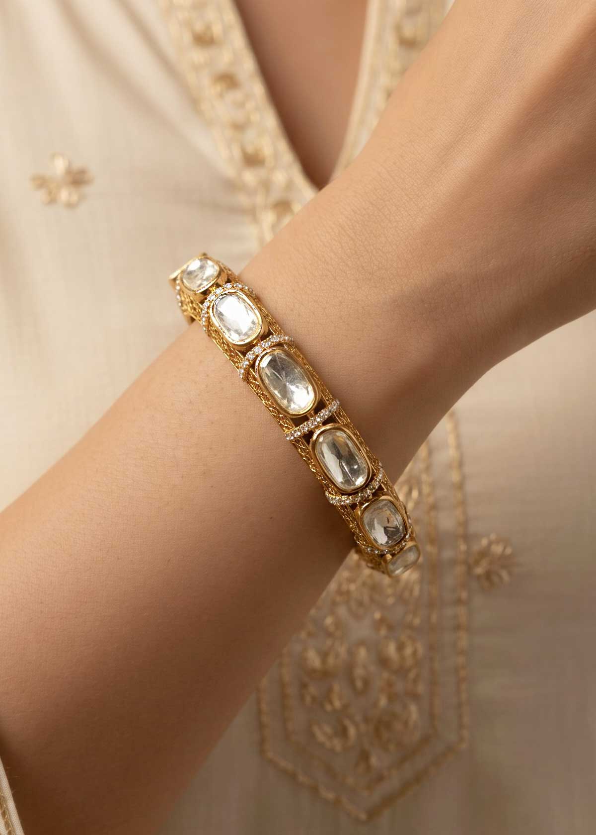Oval Moissanite & Cubic Zircon Openable Kada Bangles For Women (Pair)