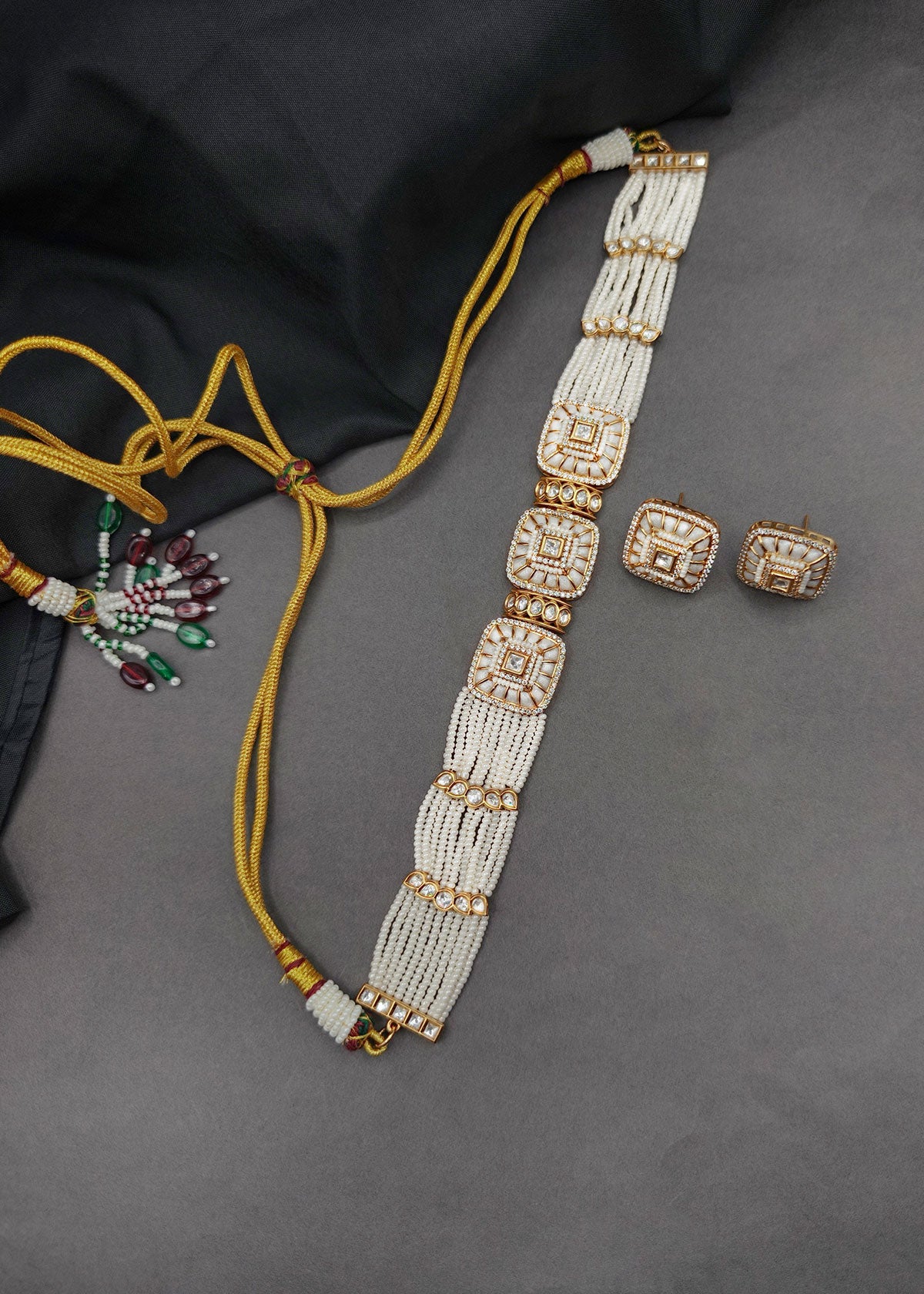 Kundan, Zircon & Pearl Square Motif Adjustable Choker Necklace Set For Women