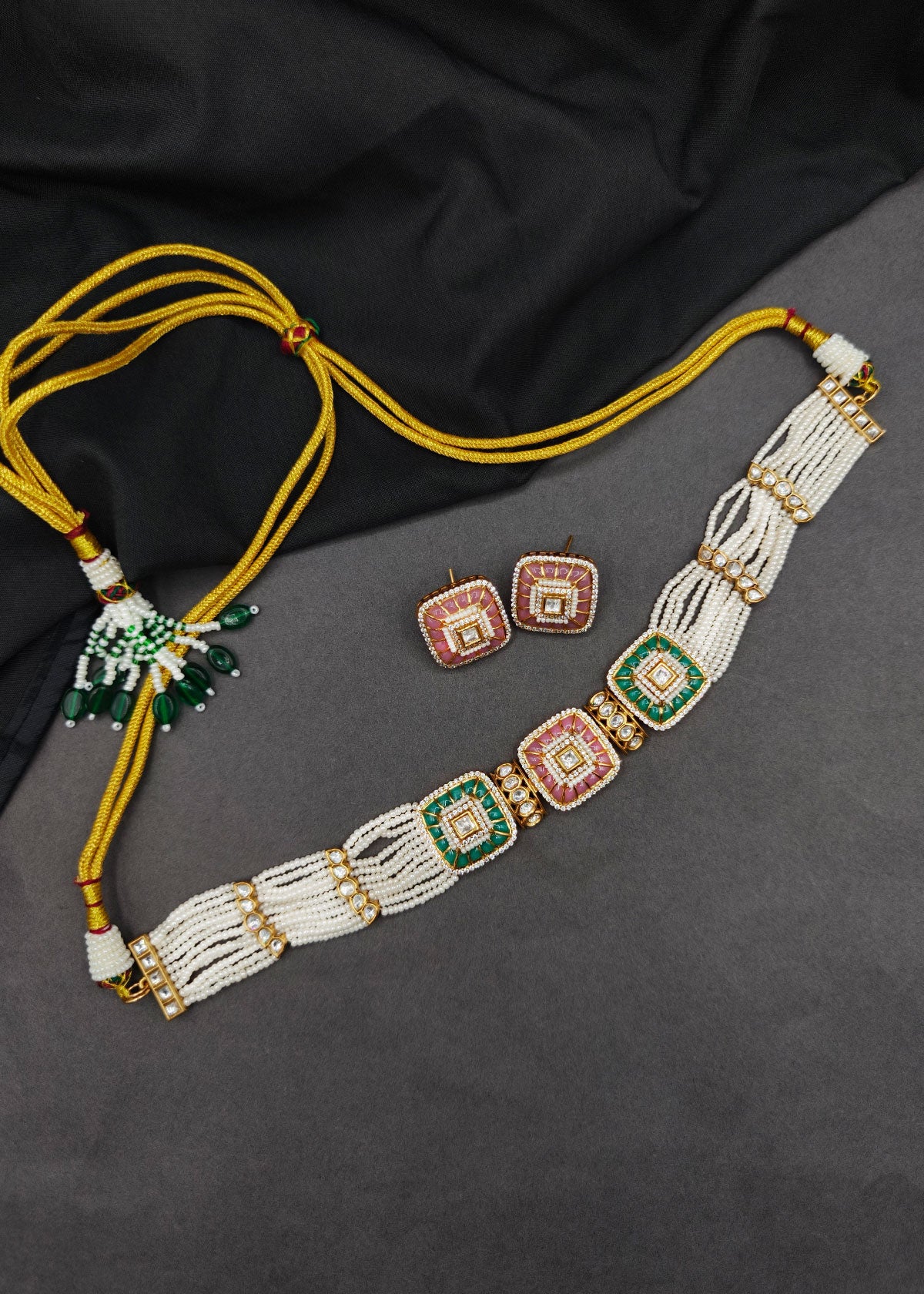 Kundan, Zircon & Pearl Square Motif Adjustable Choker Necklace Set For Women