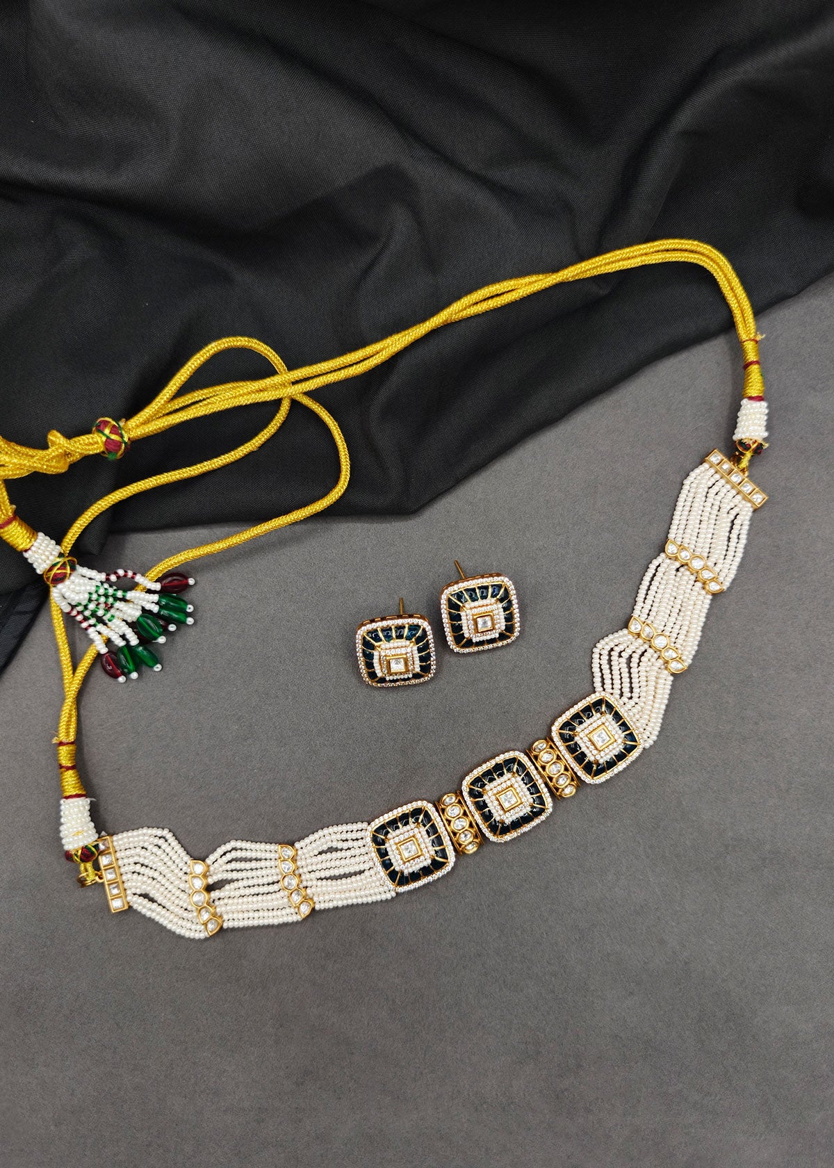Kundan, Zircon & Pearl Square Motif Adjustable Choker Necklace Set For Women