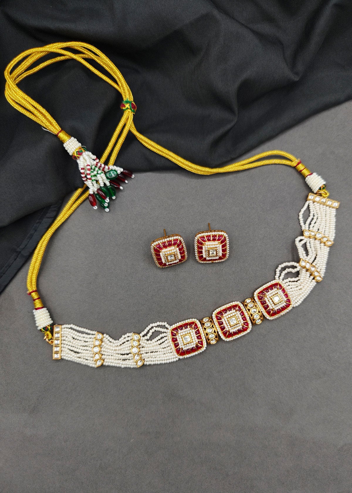Kundan, Zircon & Pearl Square Motif Adjustable Choker Necklace Set For Women