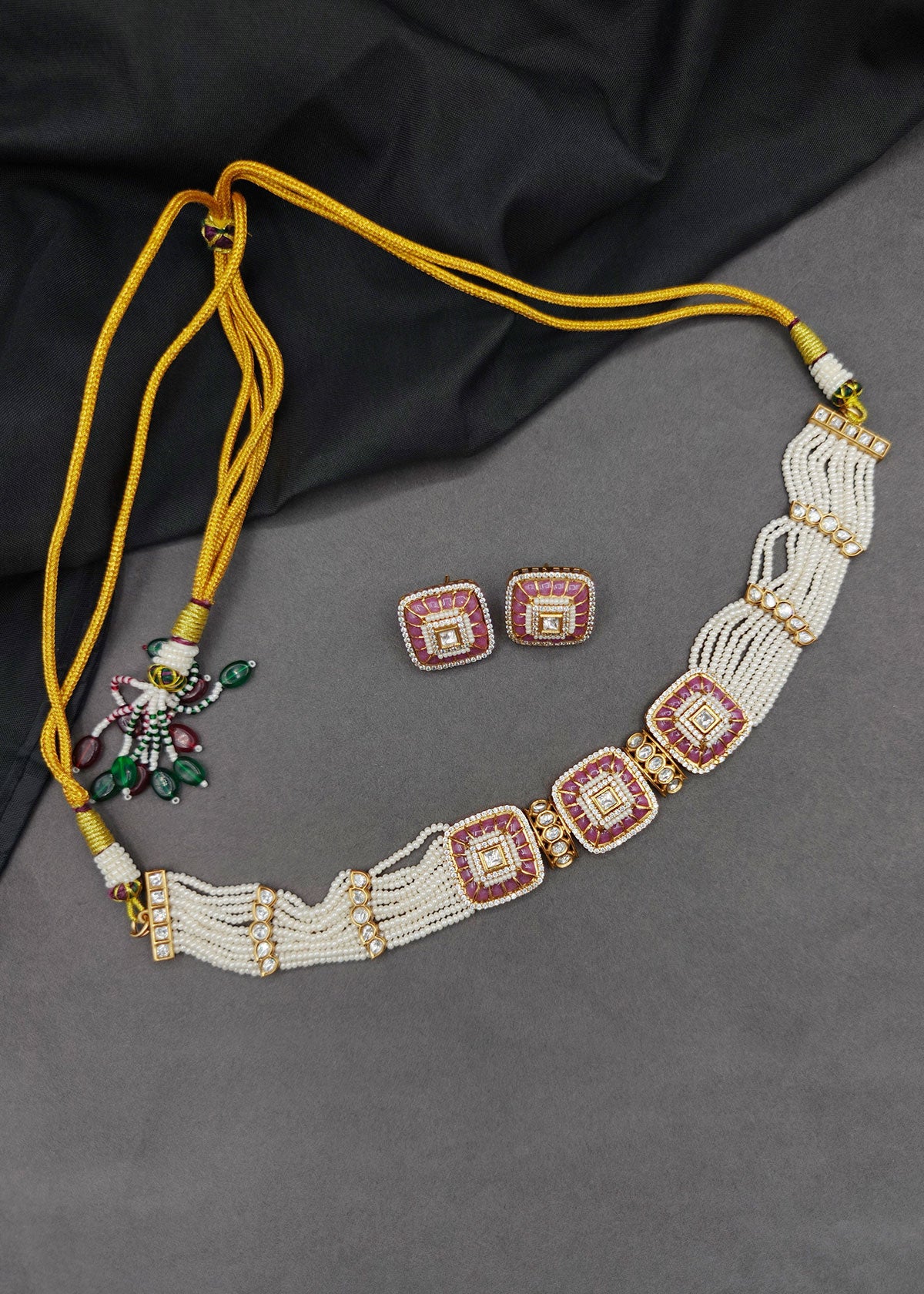 Kundan, Zircon & Pearl Square Motif Adjustable Choker Necklace Set For Women