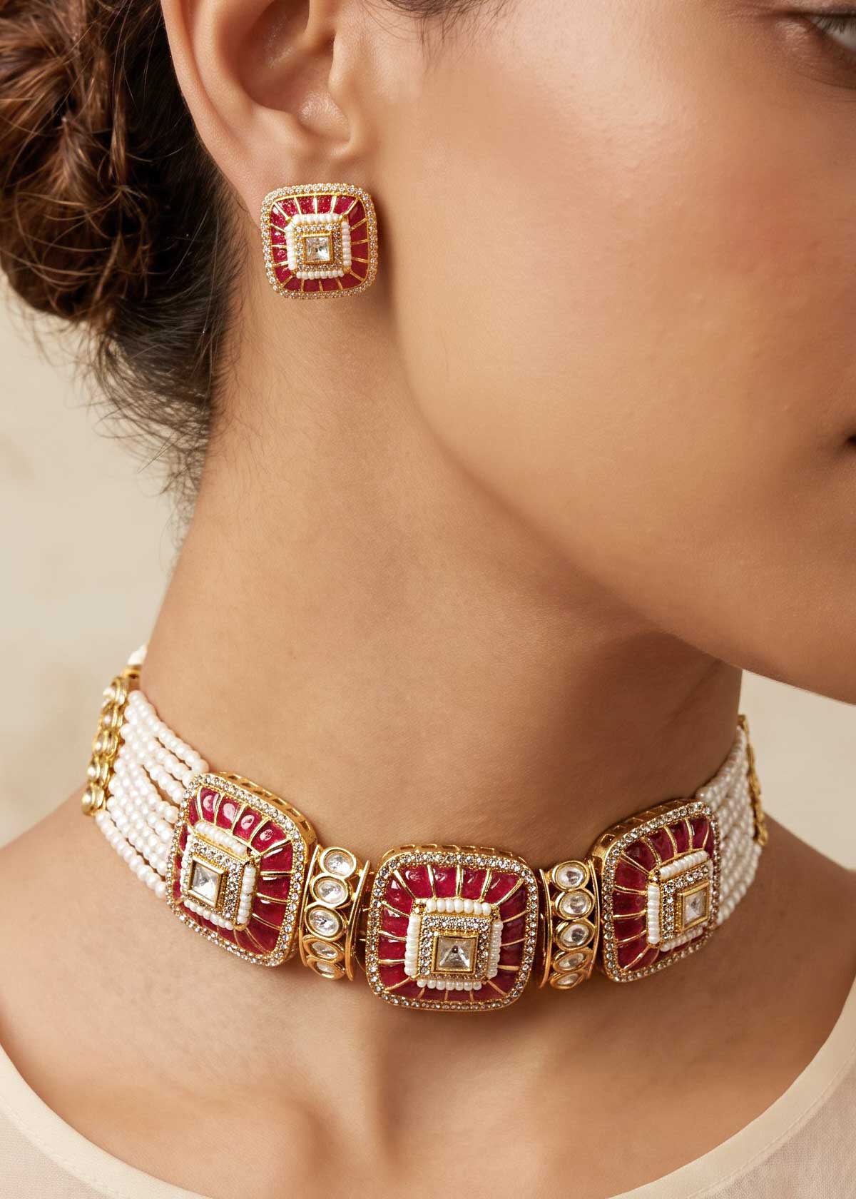 Kundan, Zircon & Pearl Square Motif Adjustable Choker Necklace Set For Women