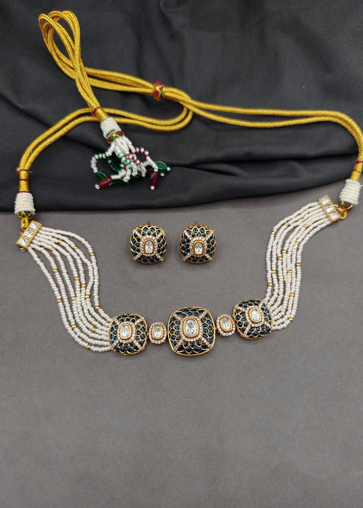 Royal Cushion Meenakari Short Pearl Choker Necklace Set For Women
