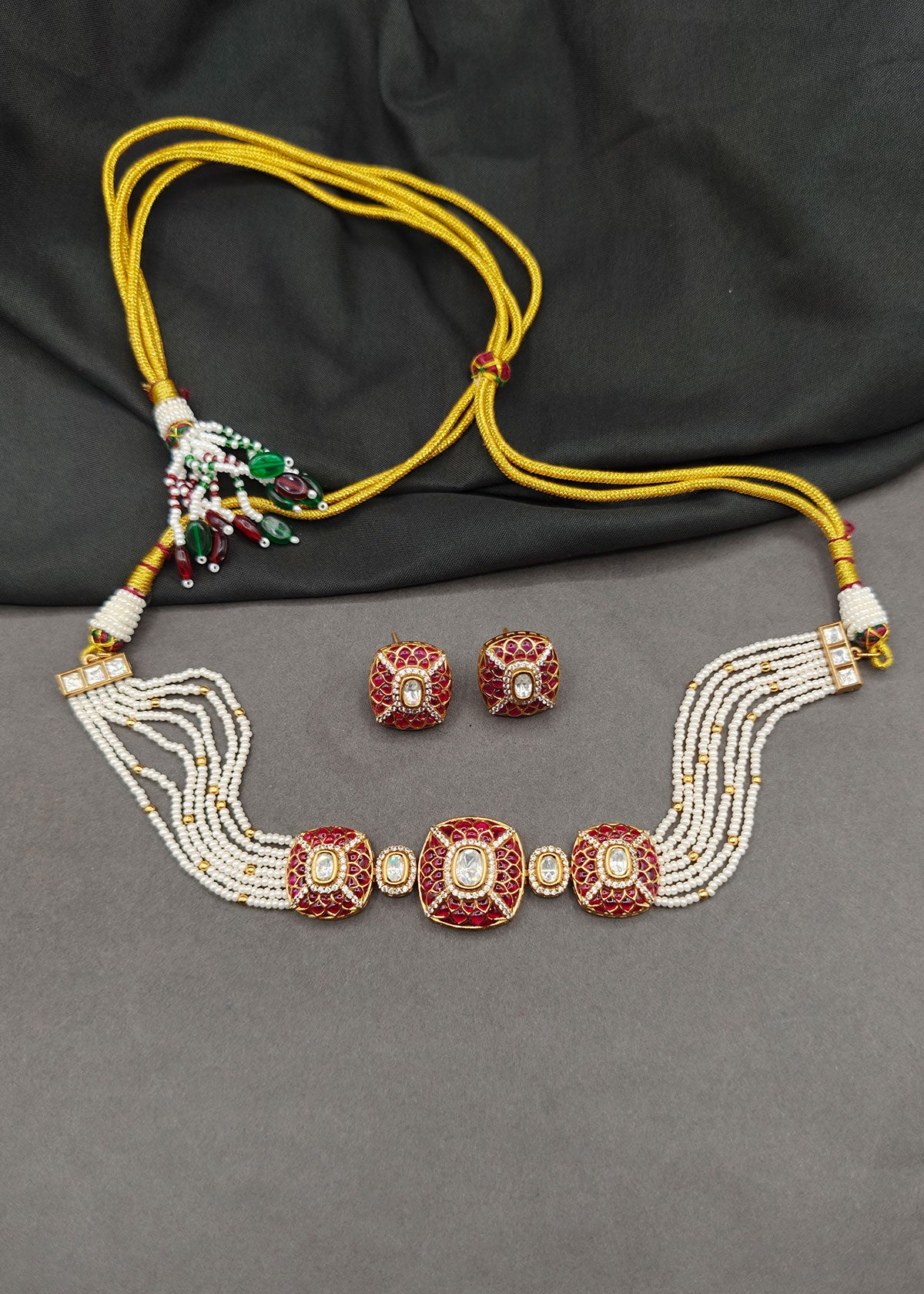Royal Cushion Meenakari Short Pearl Choker Necklace Set For Women