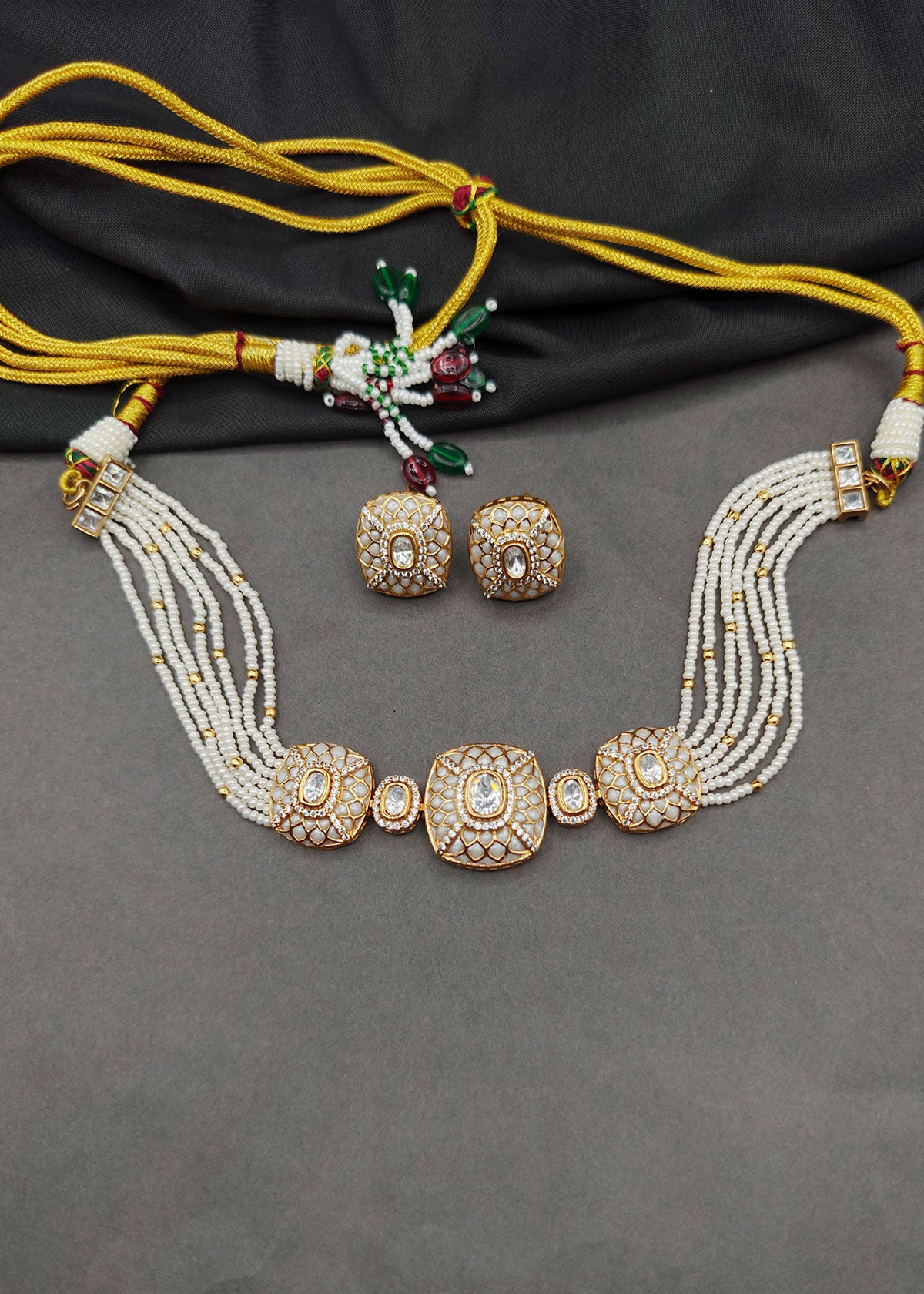 Royal Cushion Meenakari Short Pearl Choker Necklace Set For Women