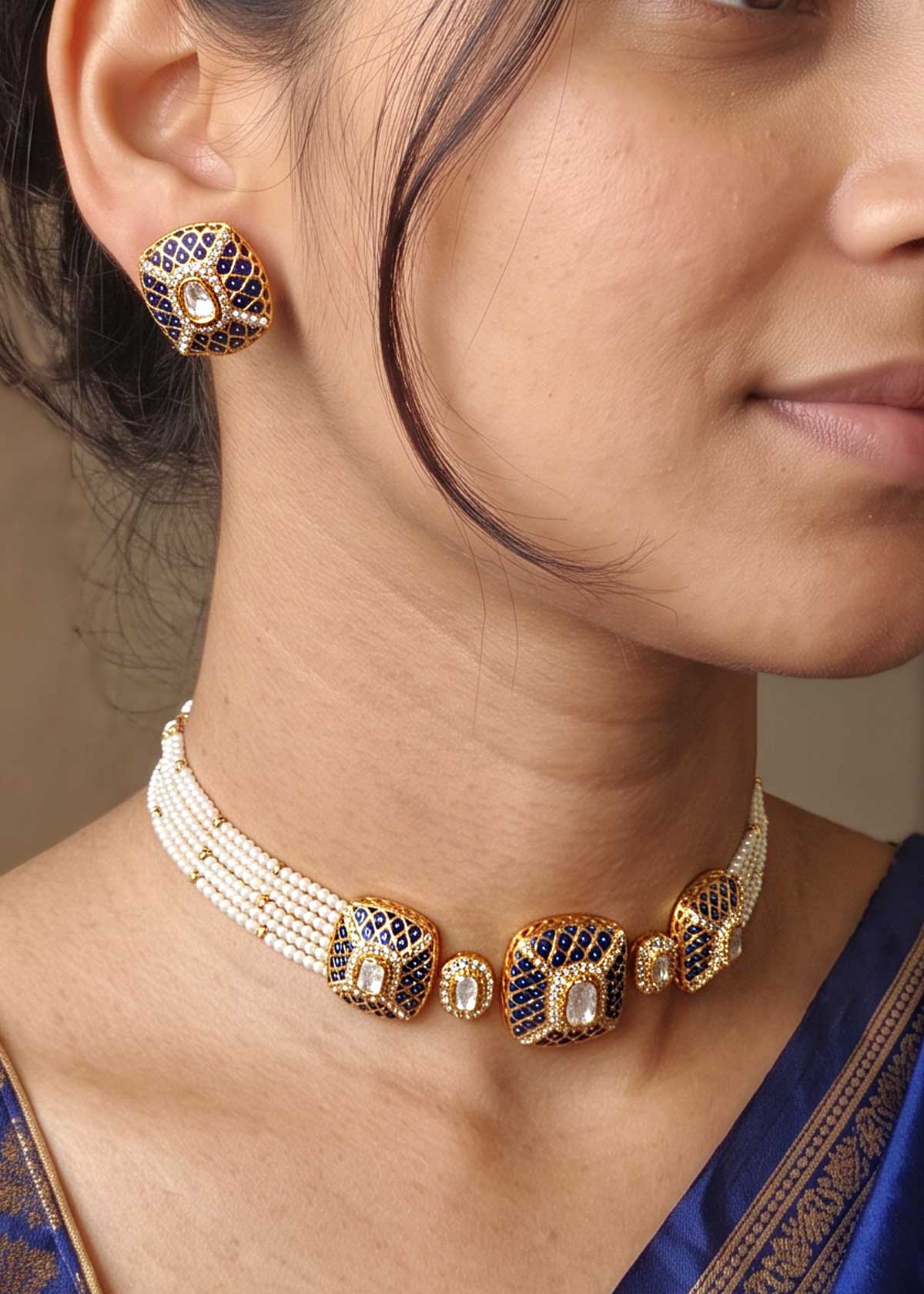Royal Cushion Meenakari Short Pearl Choker Necklace Set For Women