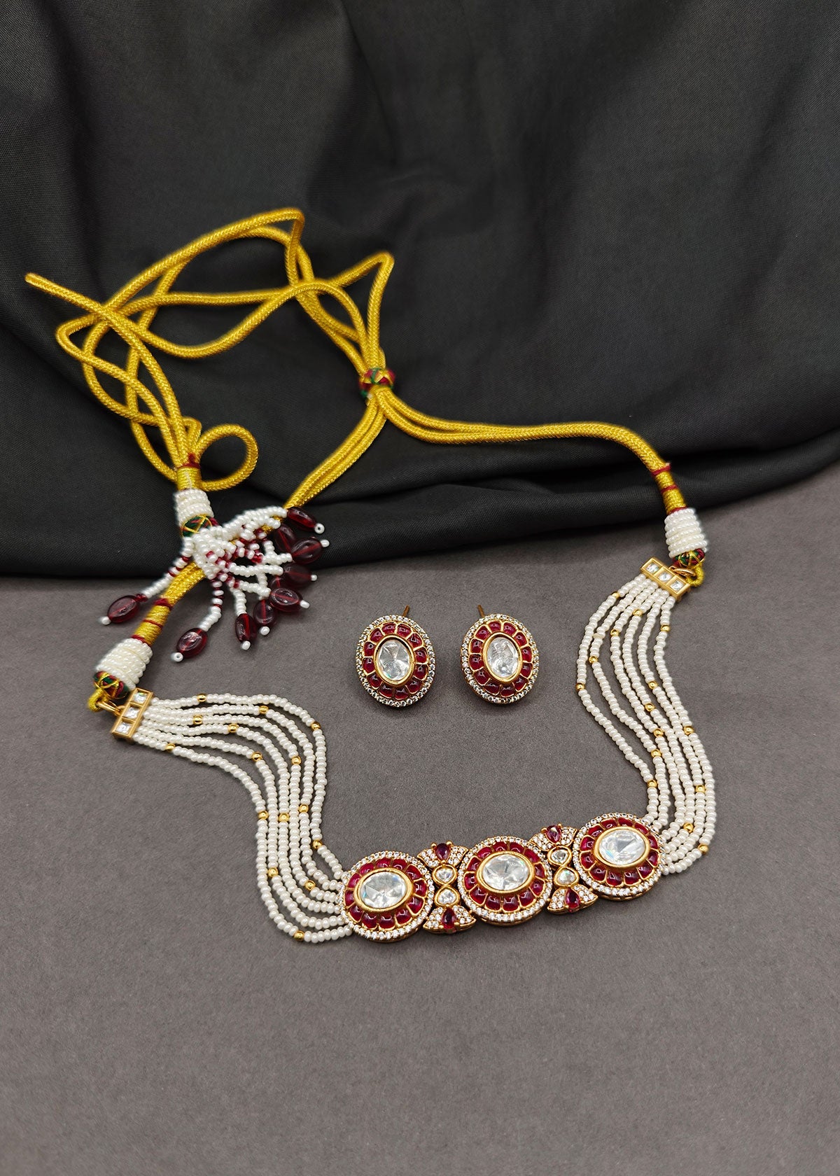 Short Adjustable Red Meenakari Pearl Choker Necklace Set For Women