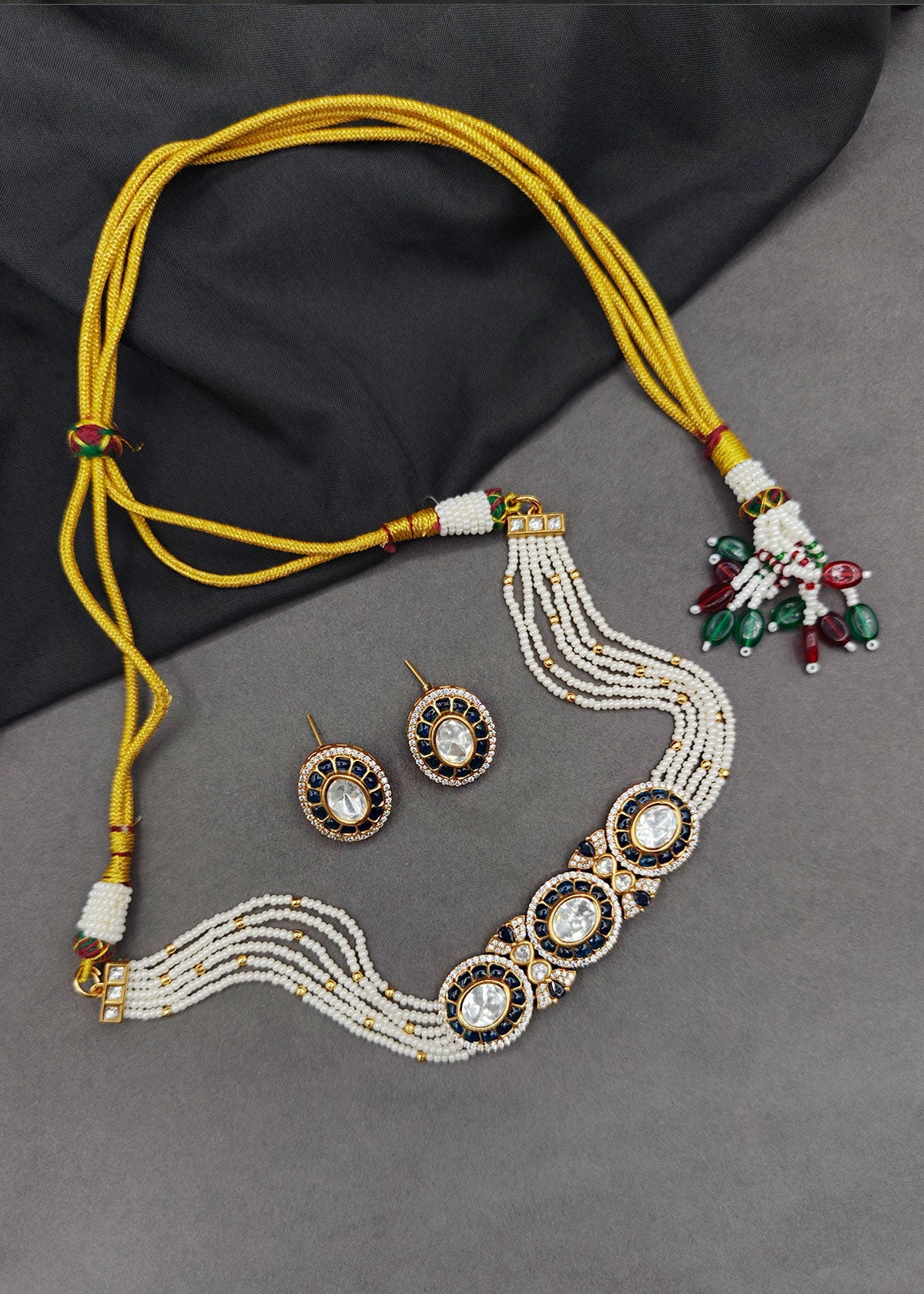 Short Adjustable Blue Meenakari Pearl Choker Necklace Set For Women