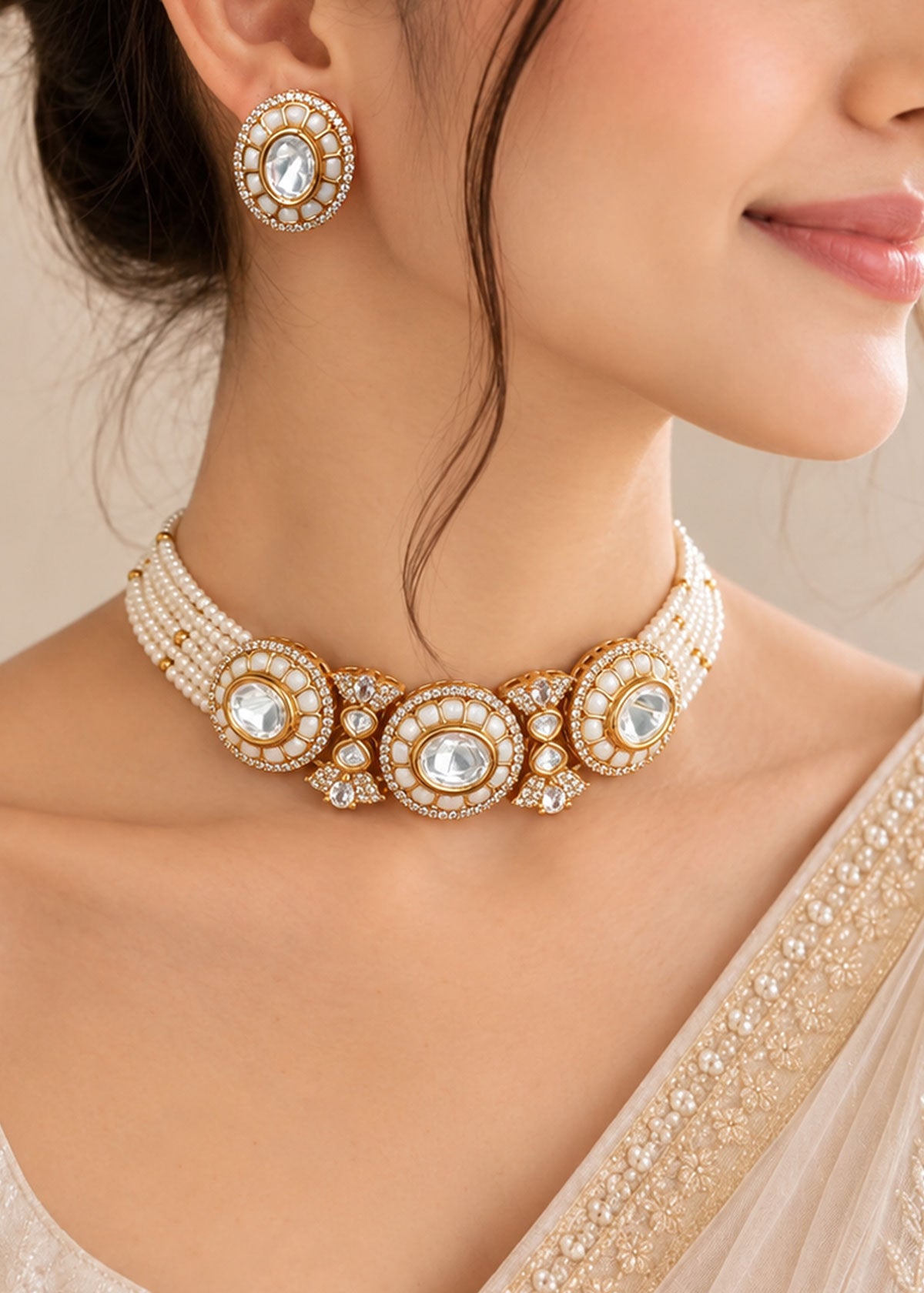 Short Adjustable Meenakari Pearl Choker Necklace Set For Women
