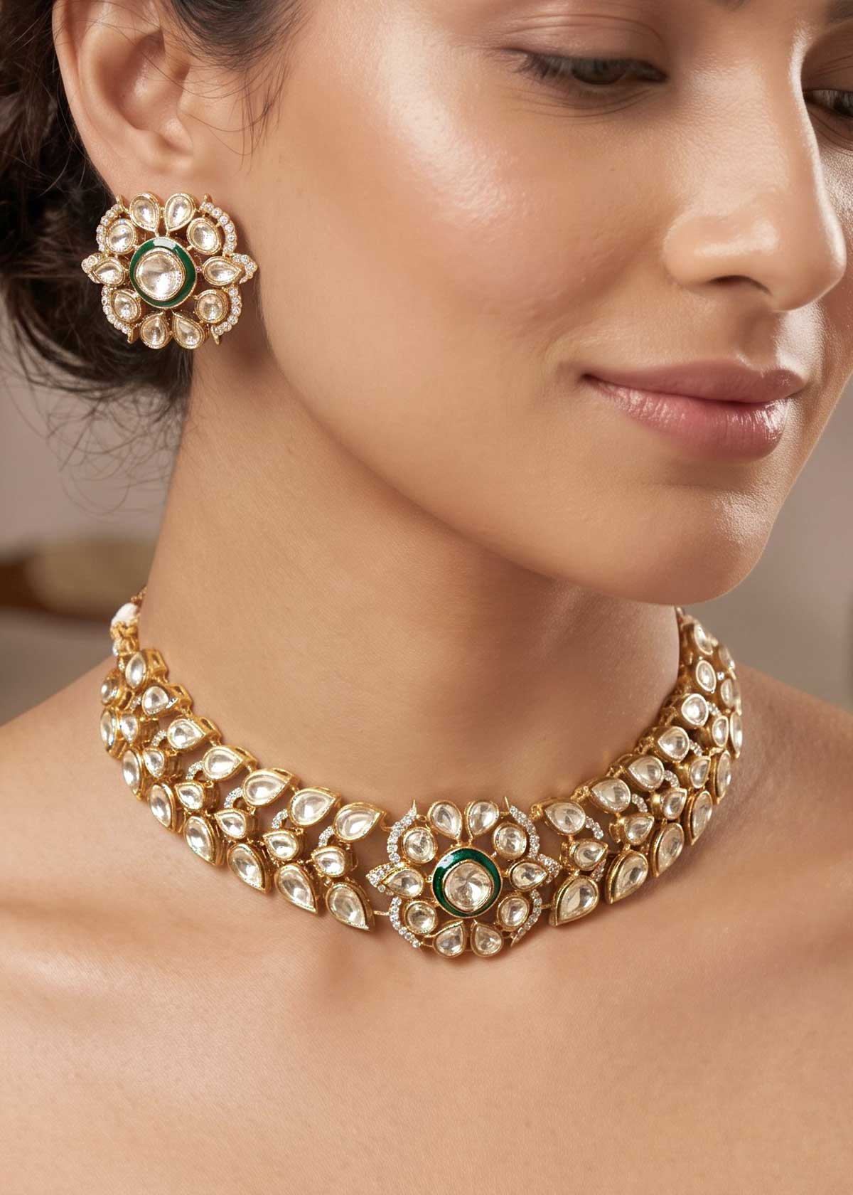 Heritage Green Meenakari Kundan & Moissanite Necklace Set For Women