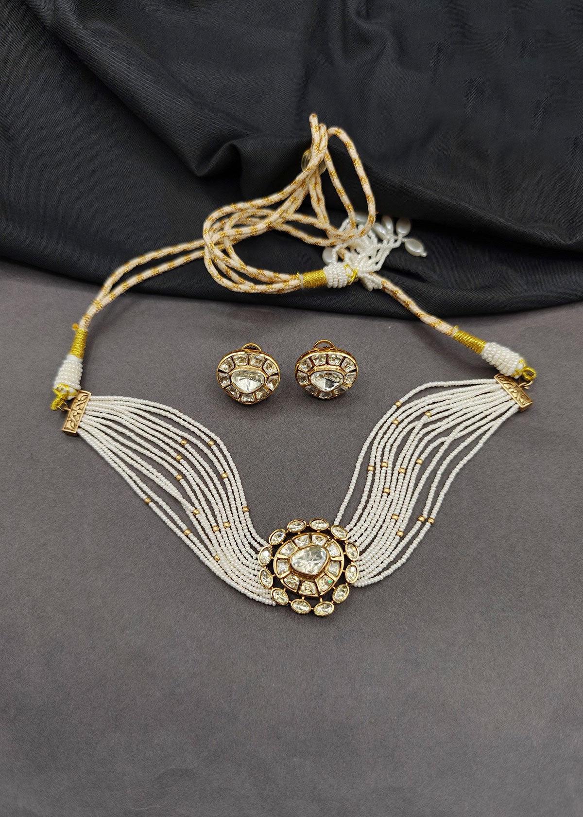 Multi Strand Pearl & Moissanite Polki Adjustable Choker Necklace Set For Women