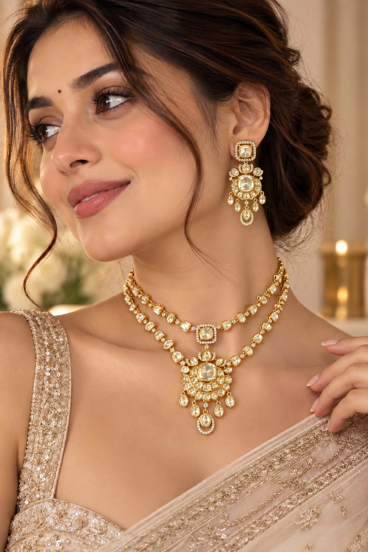 Moissanite & Cubic Zircon Floral Double Layered Short Necklace Set For Women