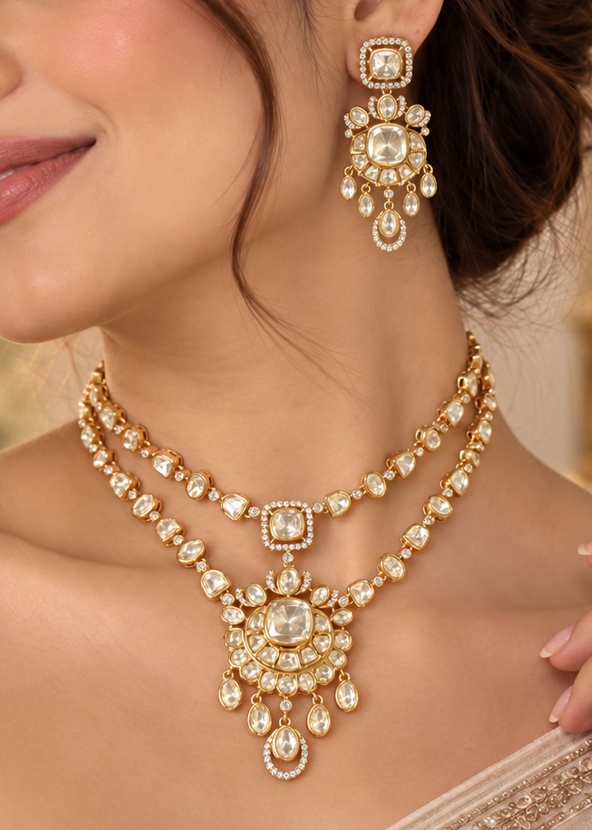 Moissanite & Cubic Zircon Floral Double Layered Short Necklace Set For Women