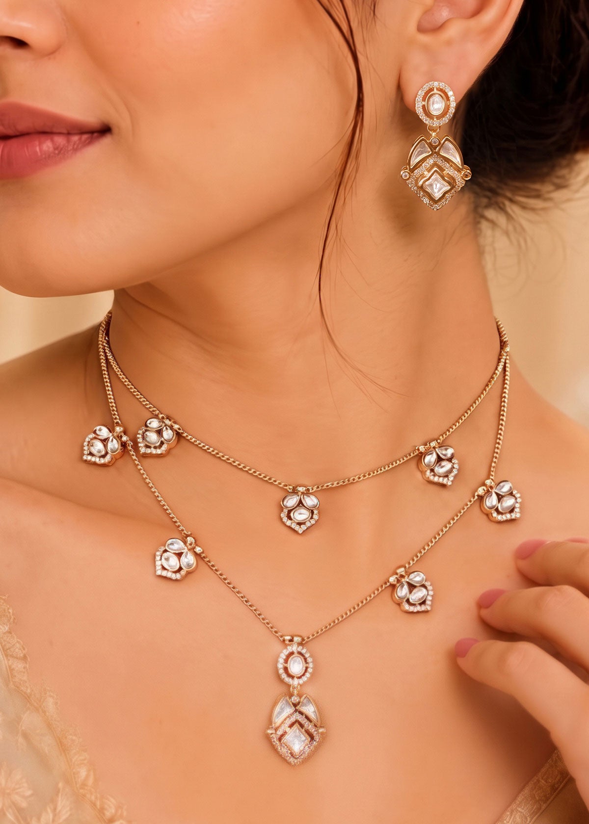 Delicate Kundan & Zircon Layer Charm Adjustable Necklace Set For Women