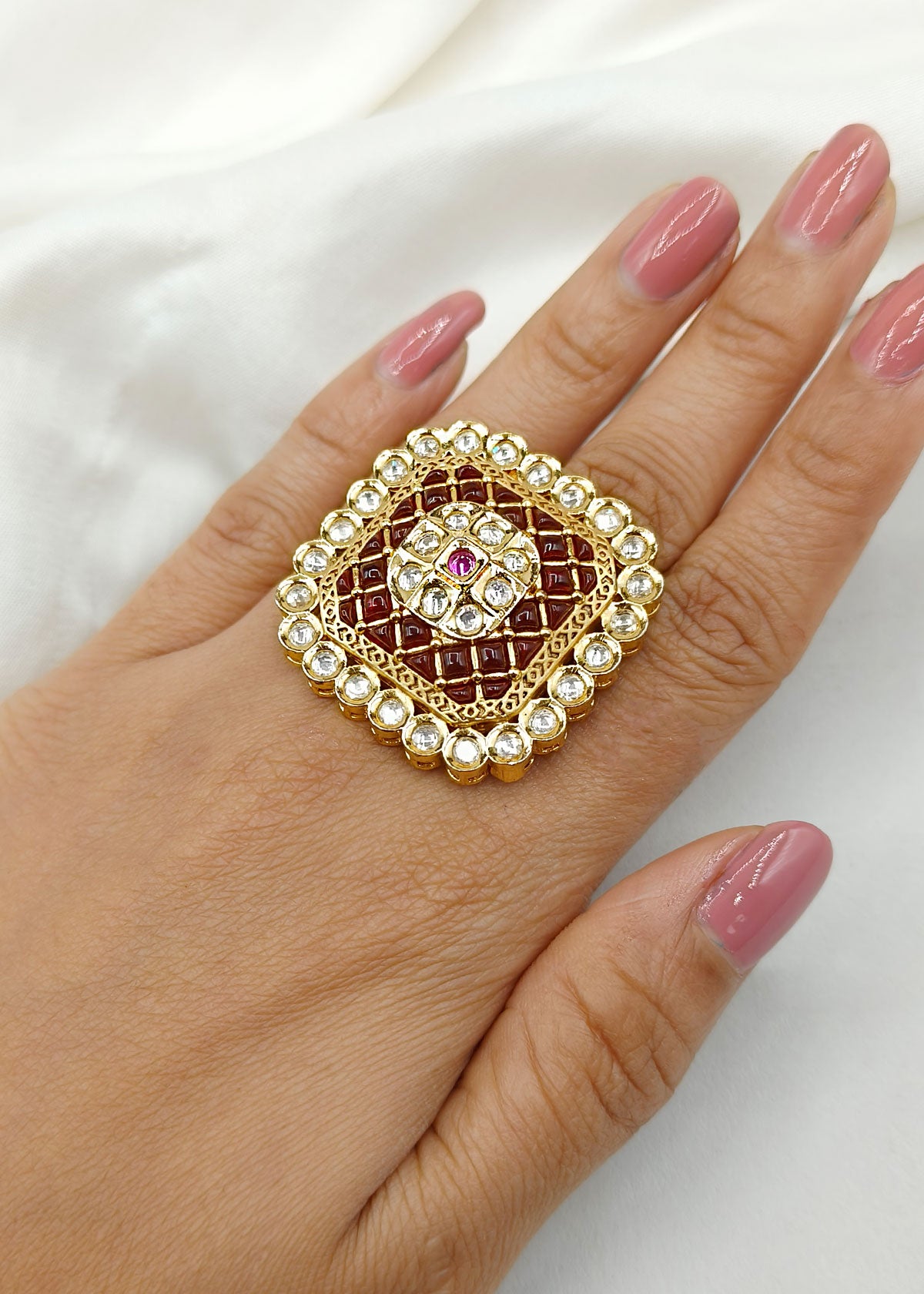 Big Square Shape Red/ Green Kundan Finger Ring
