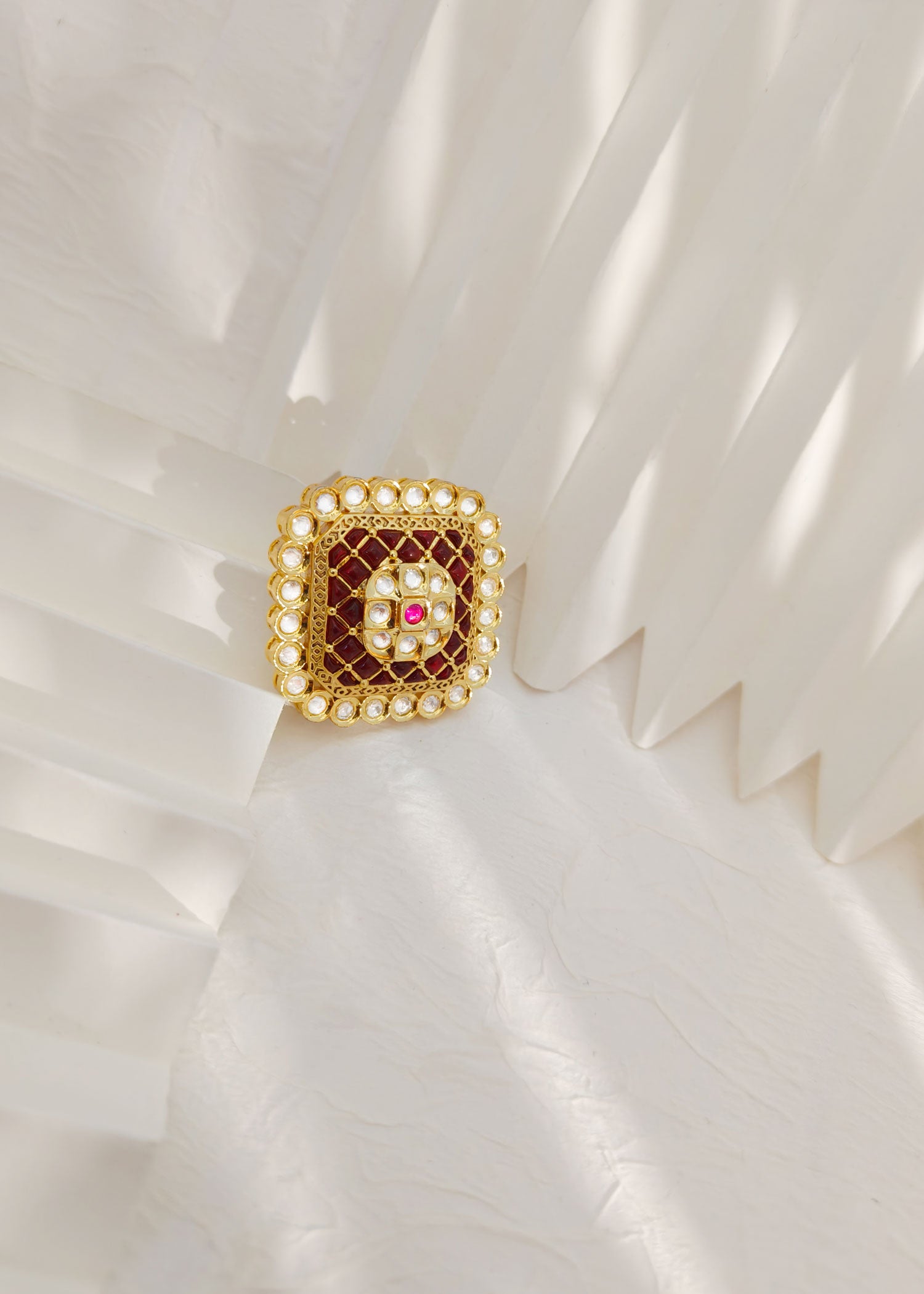 Big Square Shape Red/ Green Kundan Finger Ring