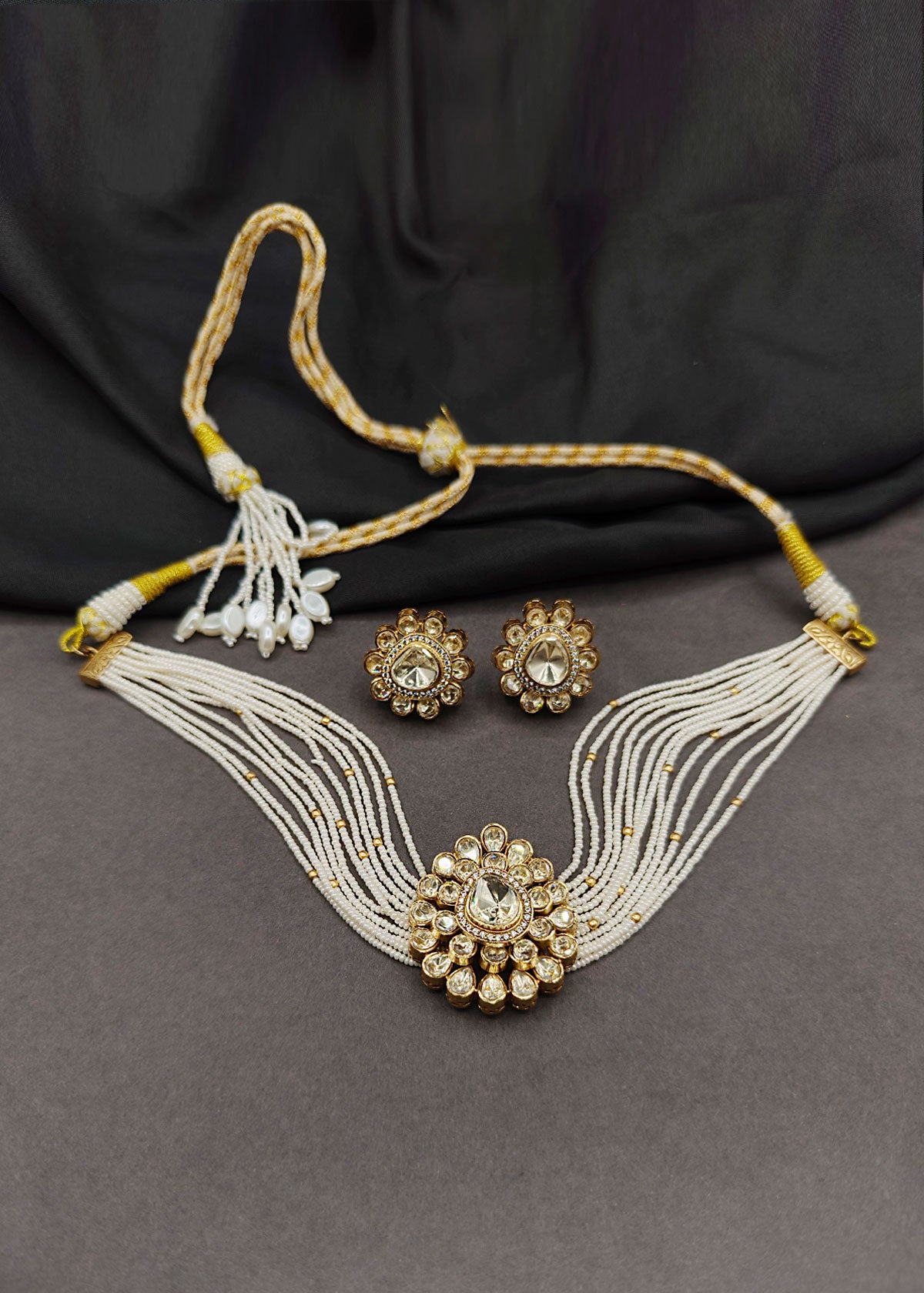 Royal Floral Moissanite Polki Pearl Adjustable Choker Necklace Set For Women