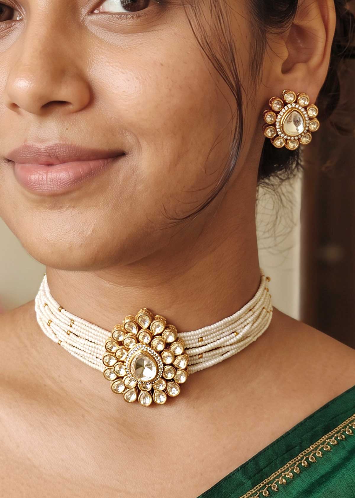 Royal Floral Moissanite Polki Pearl Adjustable Choker Necklace Set For Women