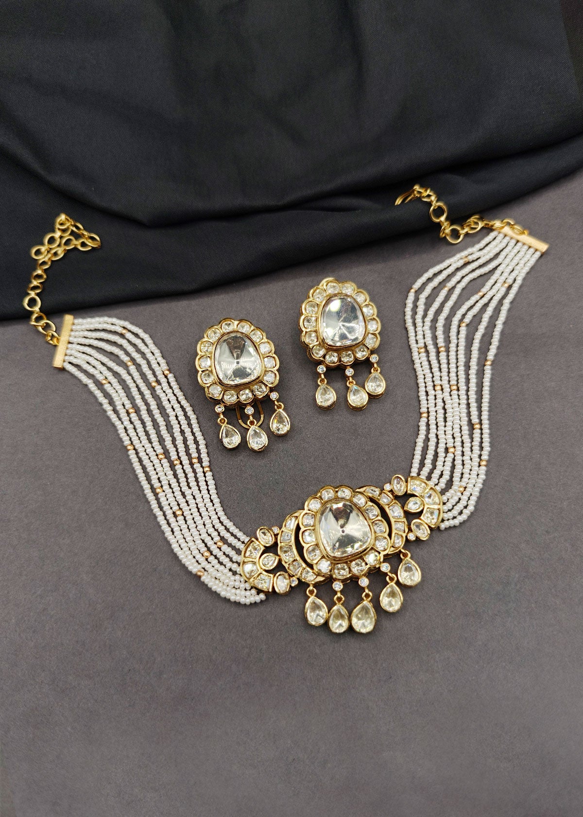 Classic Layered Pearl & Kundan Polki Adjustable Choker Necklace Set For Women