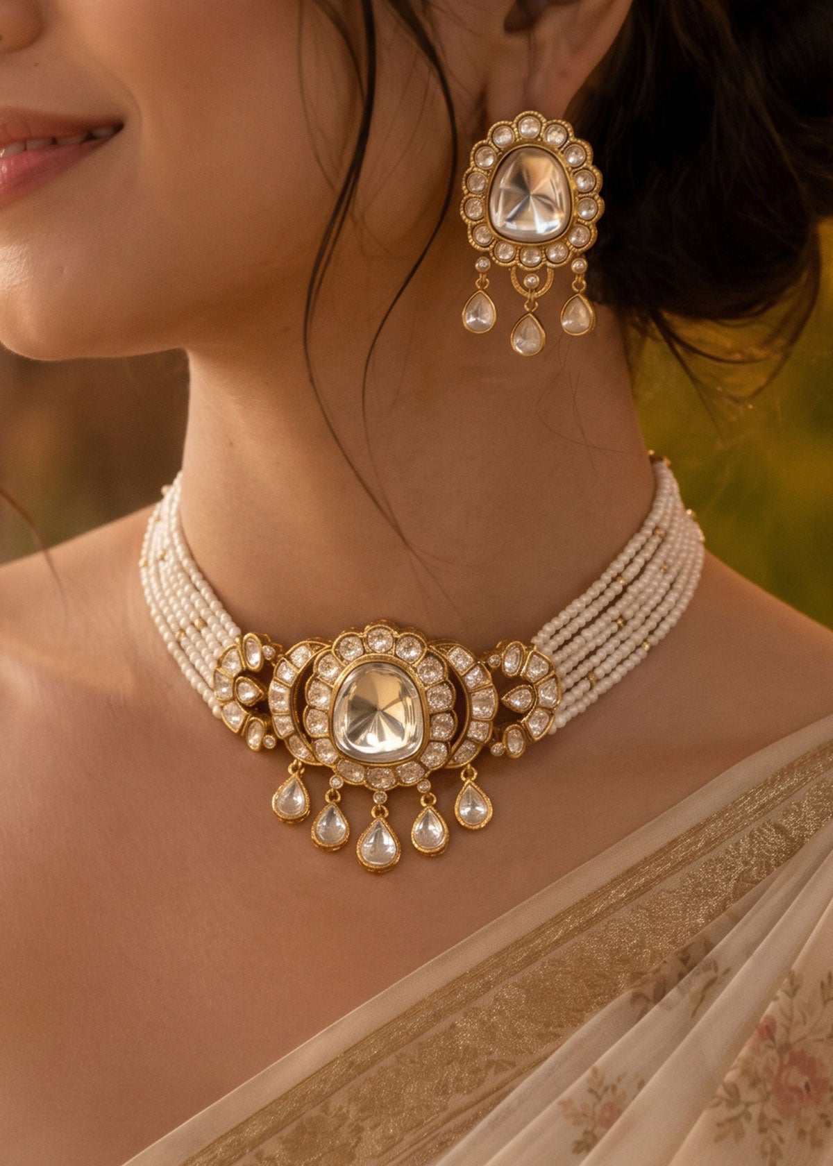 Classic Layered Pearl & Kundan Polki Adjustable Choker Necklace Set For Women