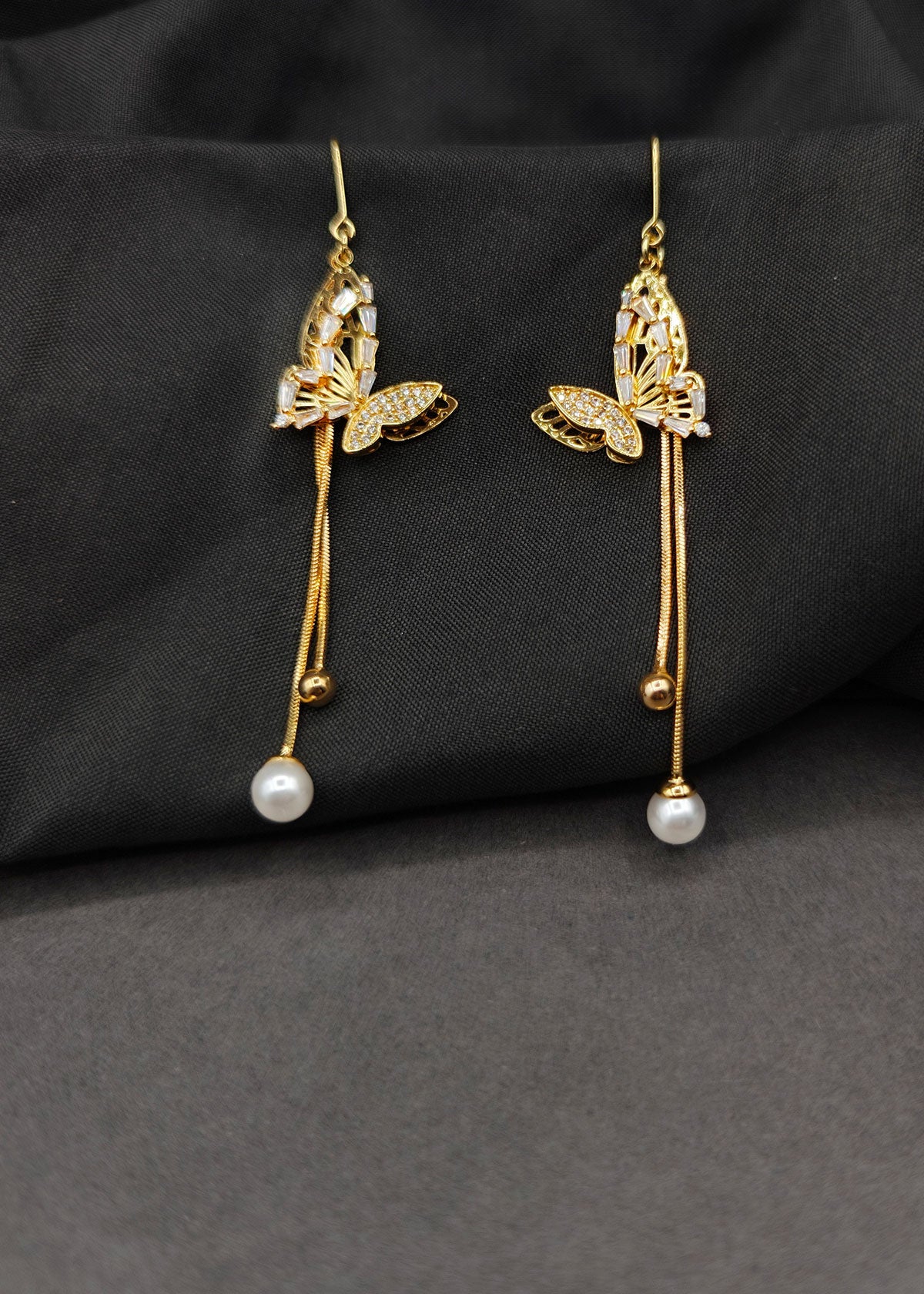 Baguette Zircon Butterfly & Dangling Pearl Threader Sui Dhaga Earrings For Women