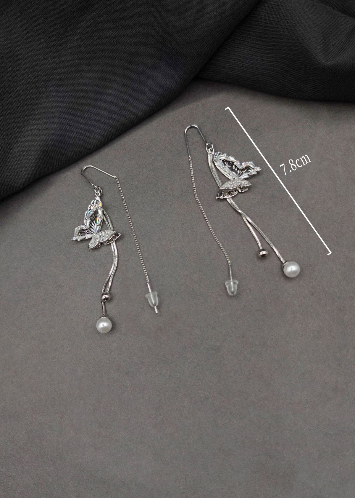 Baguette Zircon Butterfly & Dangling Pearl Threader Sui Dhaga Earrings For Women