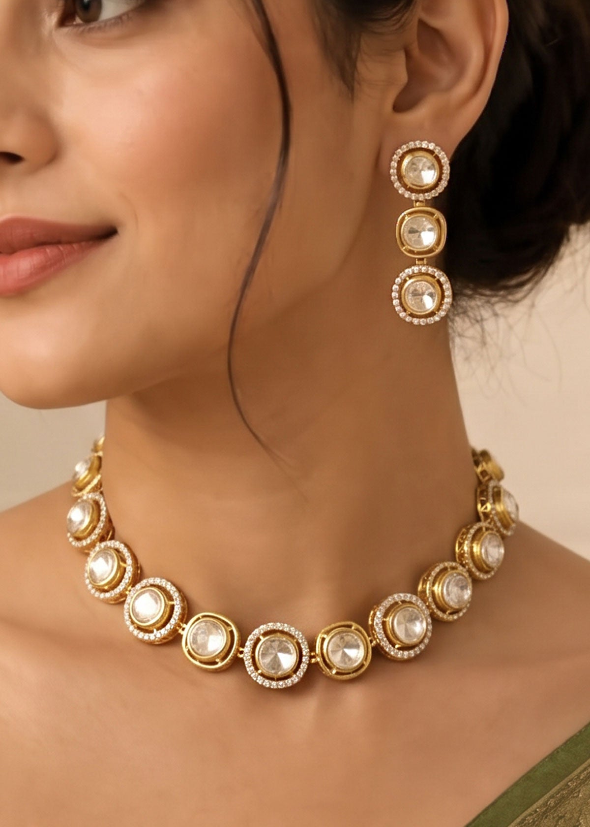 Round Moissanite & Cubic Zircon Delicate Short Adjustable Necklace Set For Women