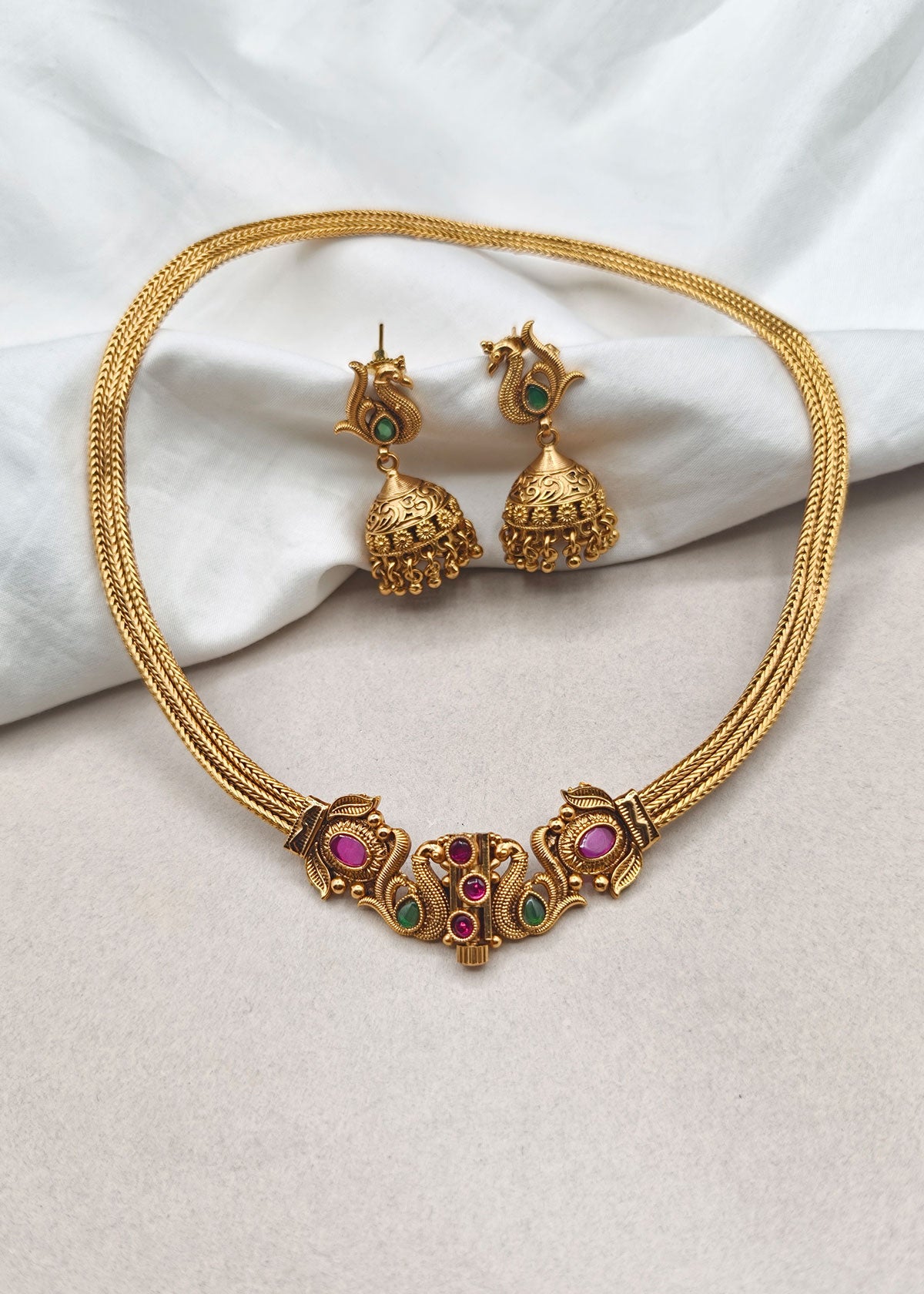 Peacock Motif Front Openable Short Necklace Set For Women