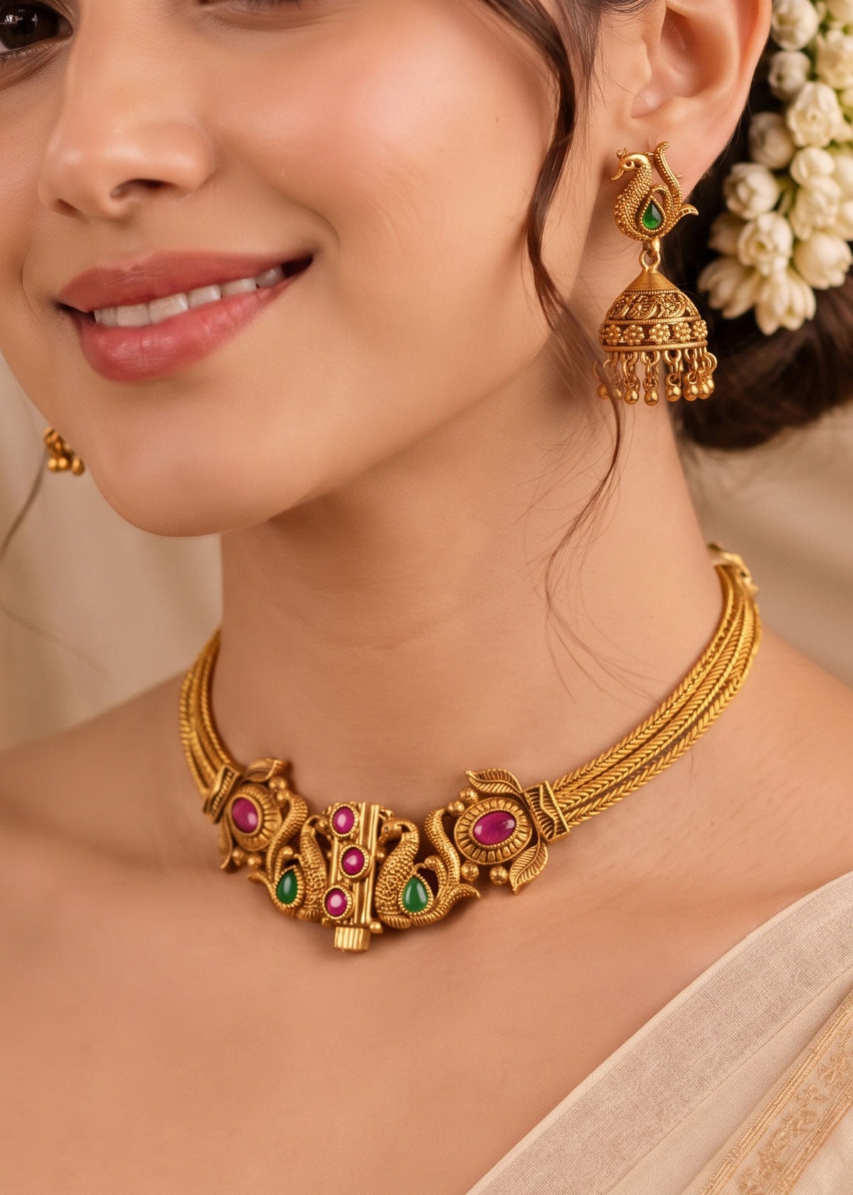 Peacock Motif Front Openable Short Necklace Set For Women