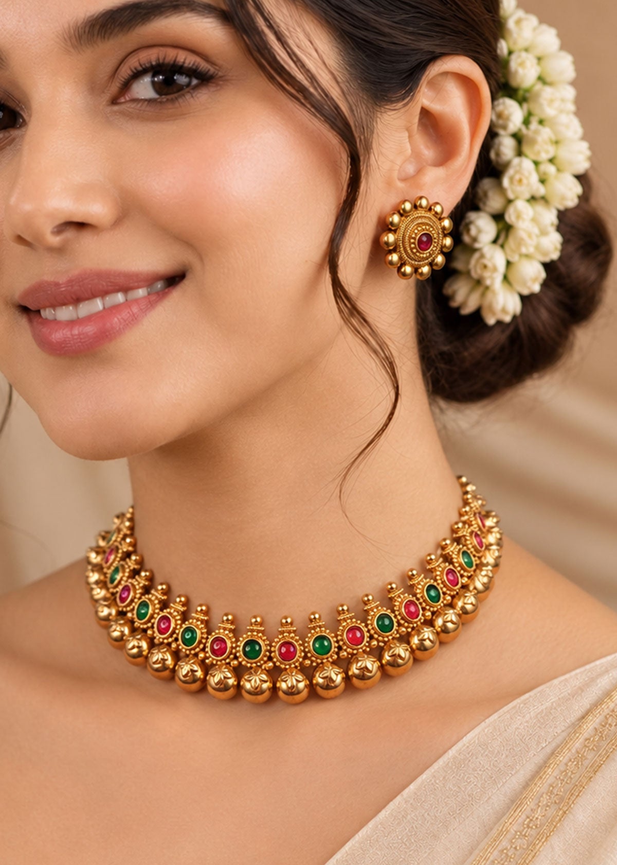 Beautiful Antique Gold Plated Short Adjustable Necklace Set For Women