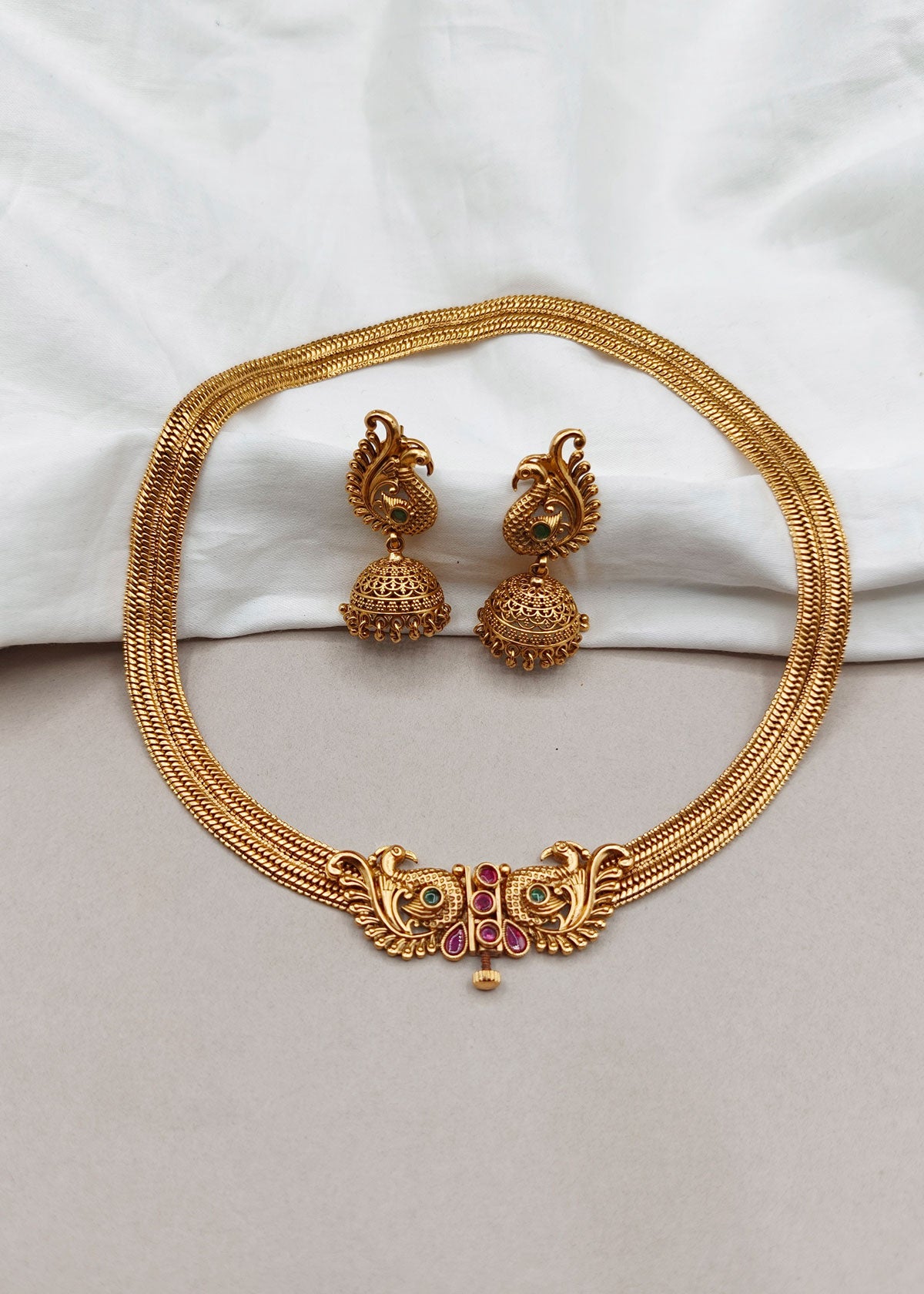 Antique Gold Plated Peacock Front Openable Short Necklace Set For Women