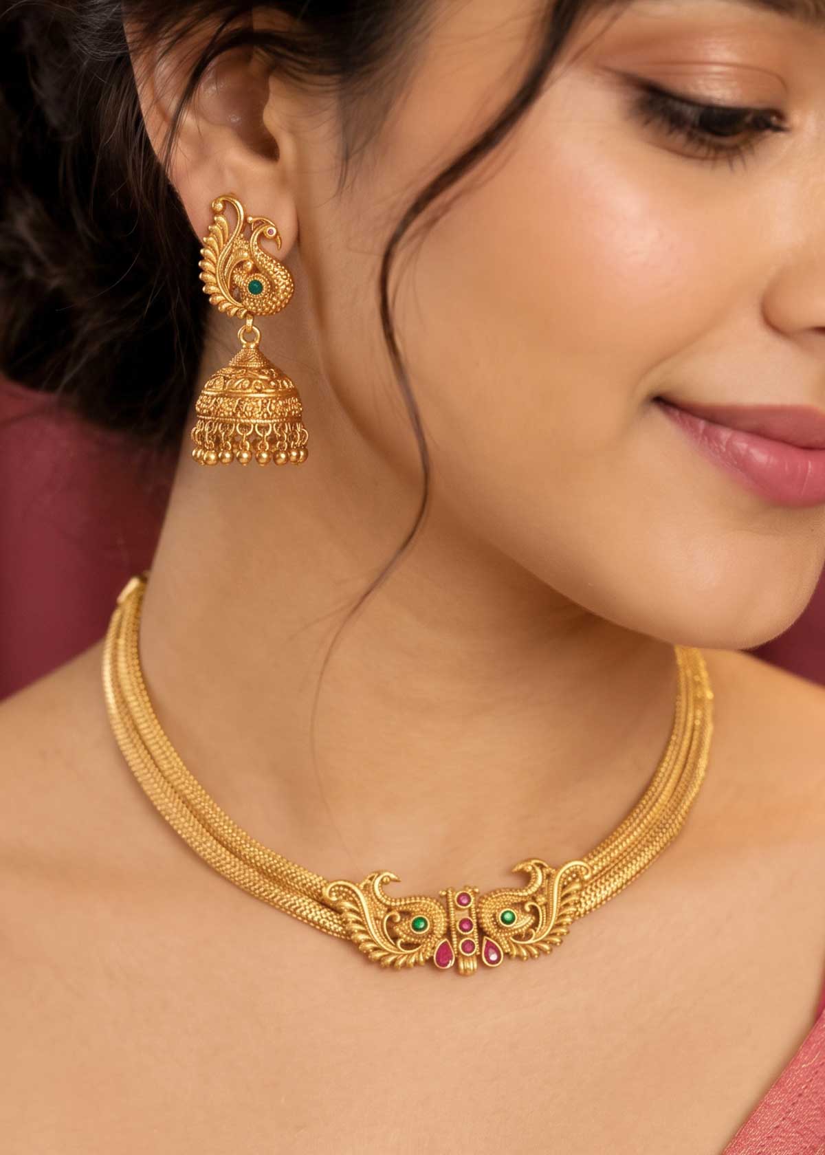 Antique Gold Plated Peacock Front Openable Short Necklace Set For Women