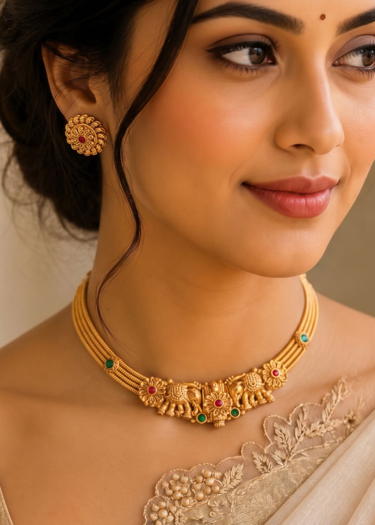 Elephant Motif Front Openable Antique Style Short Necklace Set For Women