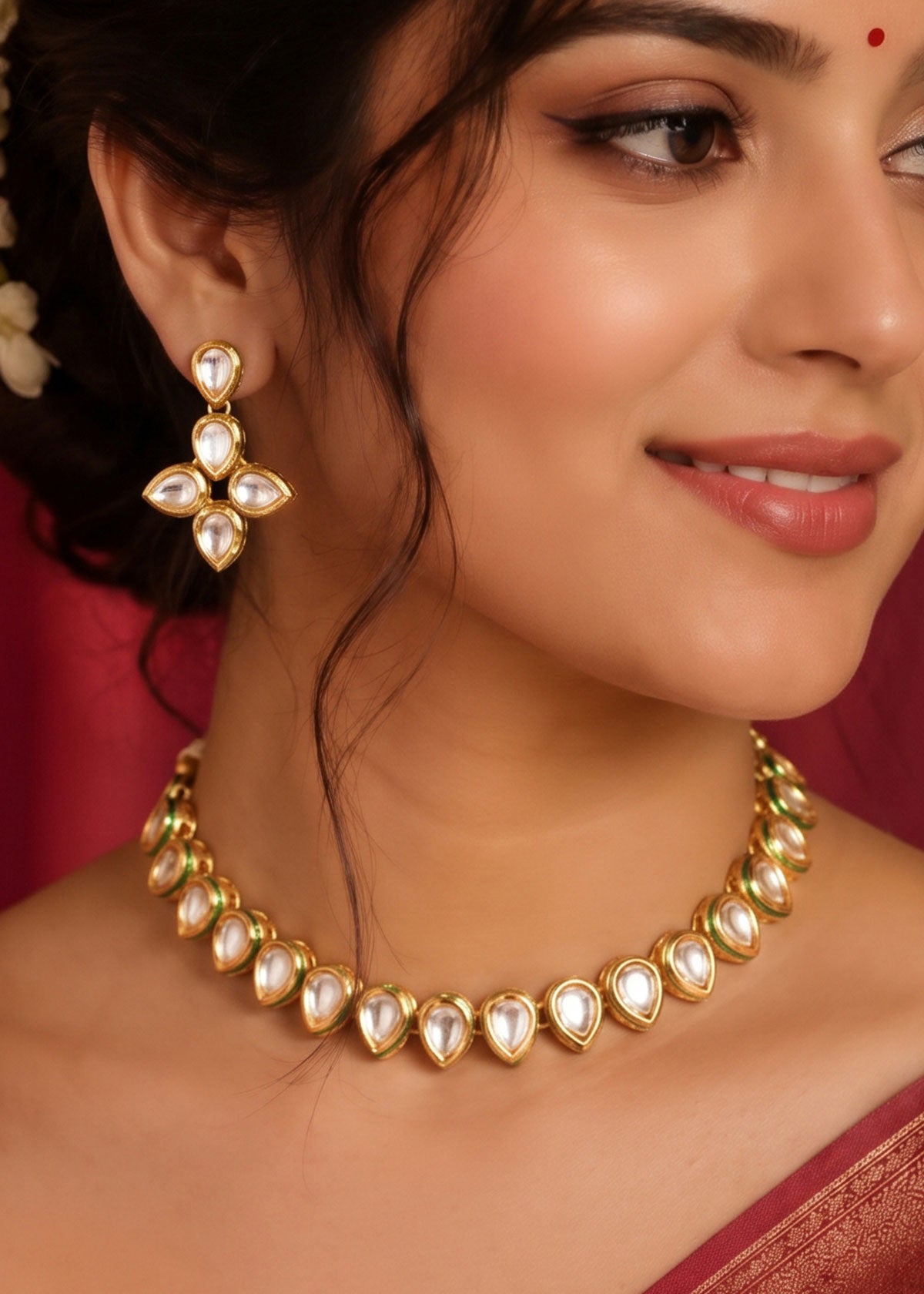 Minimalist Single-Line Kundan Short Adjustable Necklace Set For Women