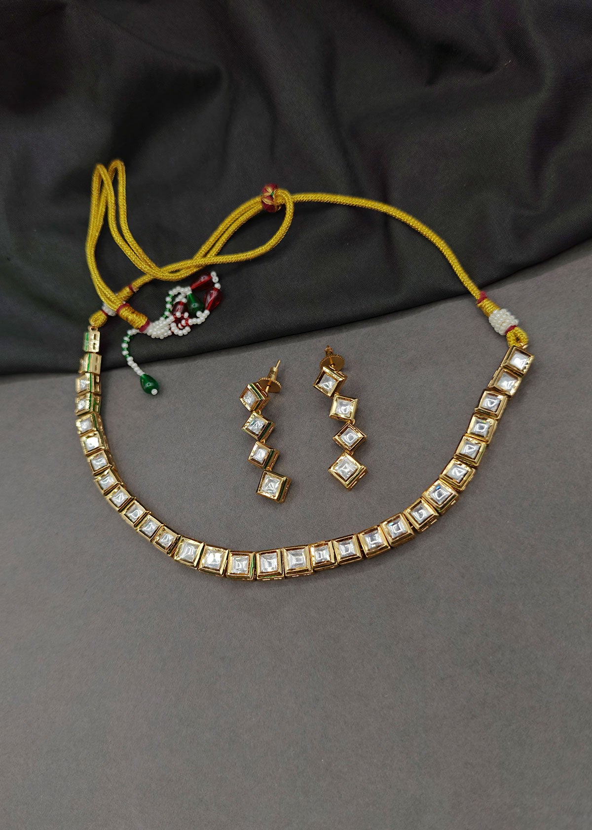 Gold-Toned Handcrafted Kundan Adjustable Necklace Set For Women