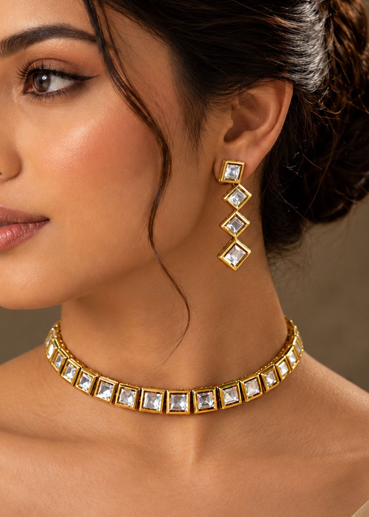 Gold-Toned Handcrafted Kundan Short Adjustable Necklace Set For Women