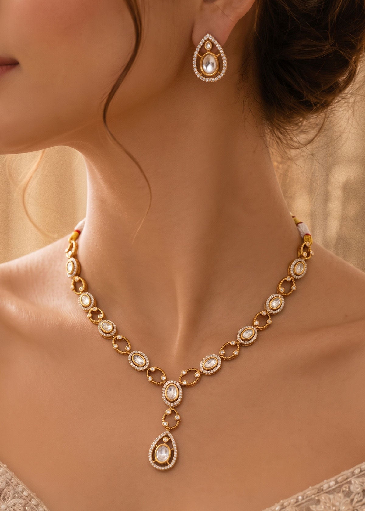 Gold-Toned Kundan Teardrop Short Adjustable Necklace Set For Women