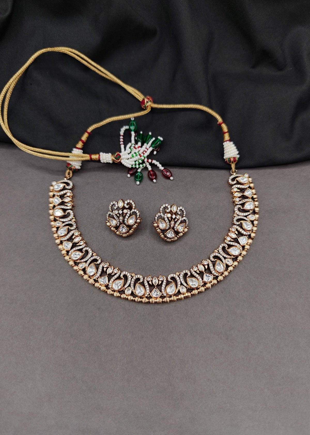 Peacock Motif Kundan & Cubic Zircon Short Adjustable Necklace Set For Women