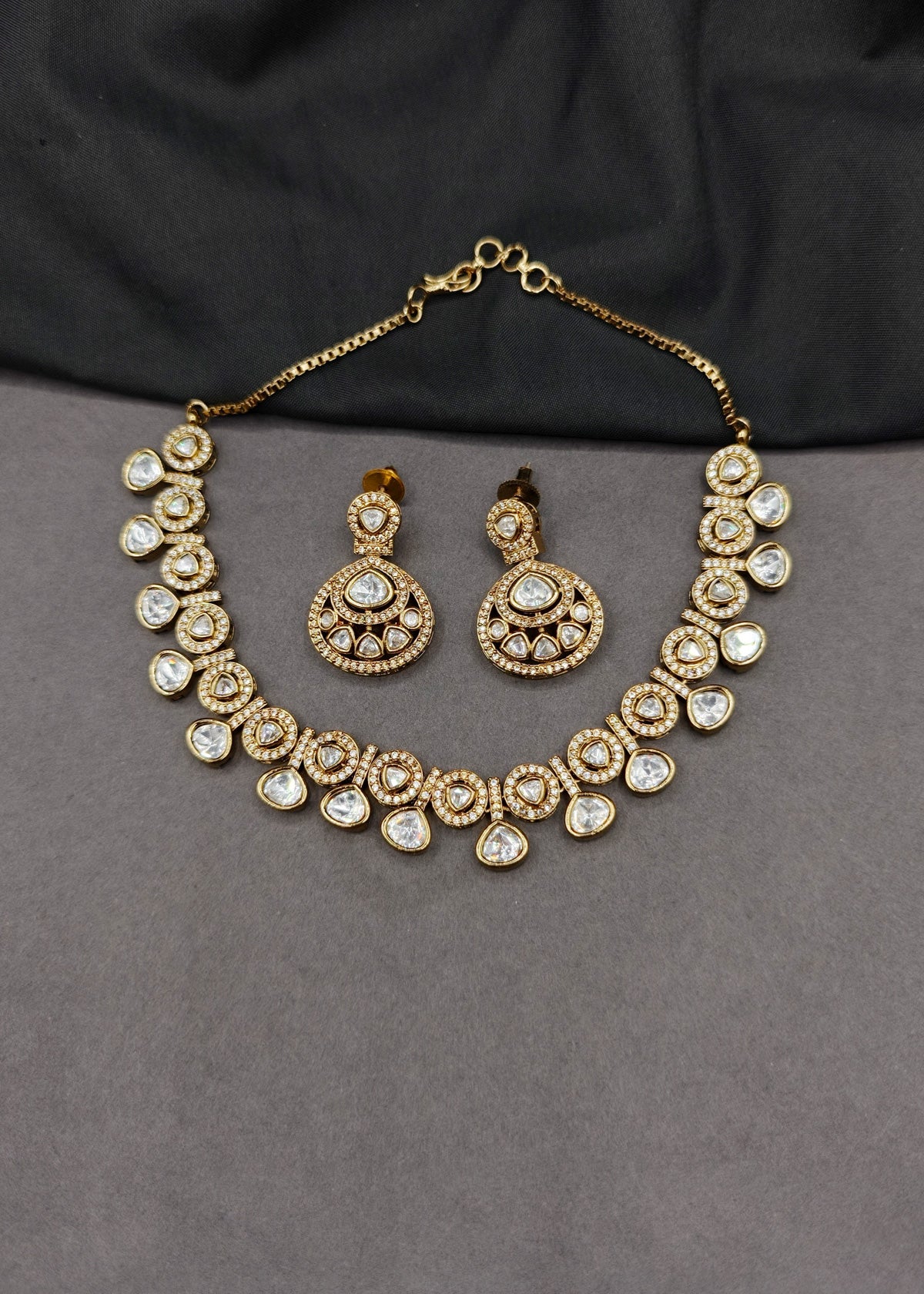 Radiant Cubic Zircon Framed Polki Kundan Short Adjustable Necklace Set For Women