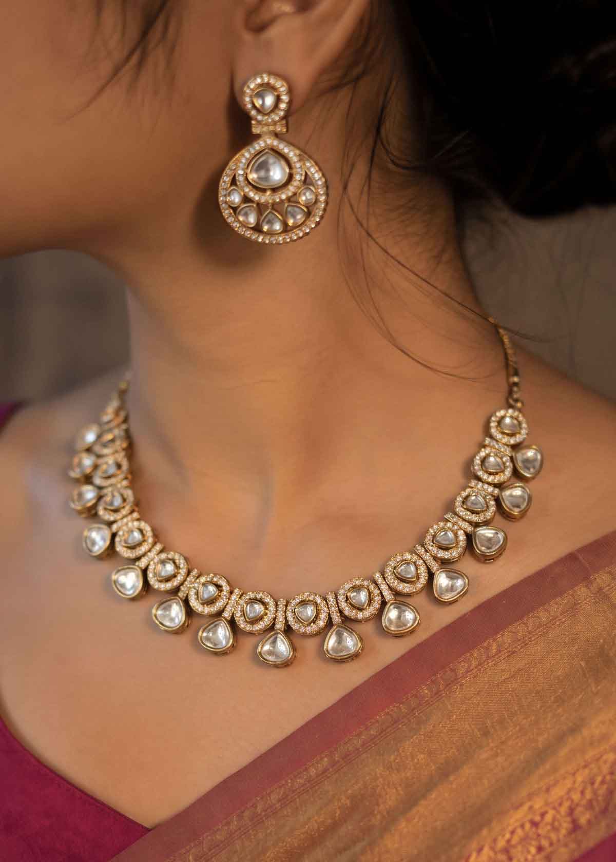 Radiant Cubic Zircon Framed Polki Kundan Short Adjustable Necklace Set For Women