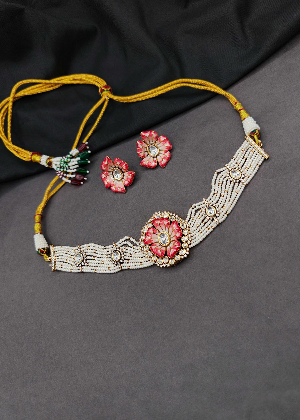 Royal Pearl & Kundan Pink Lotus Meenakari Choker Necklace Set For Women