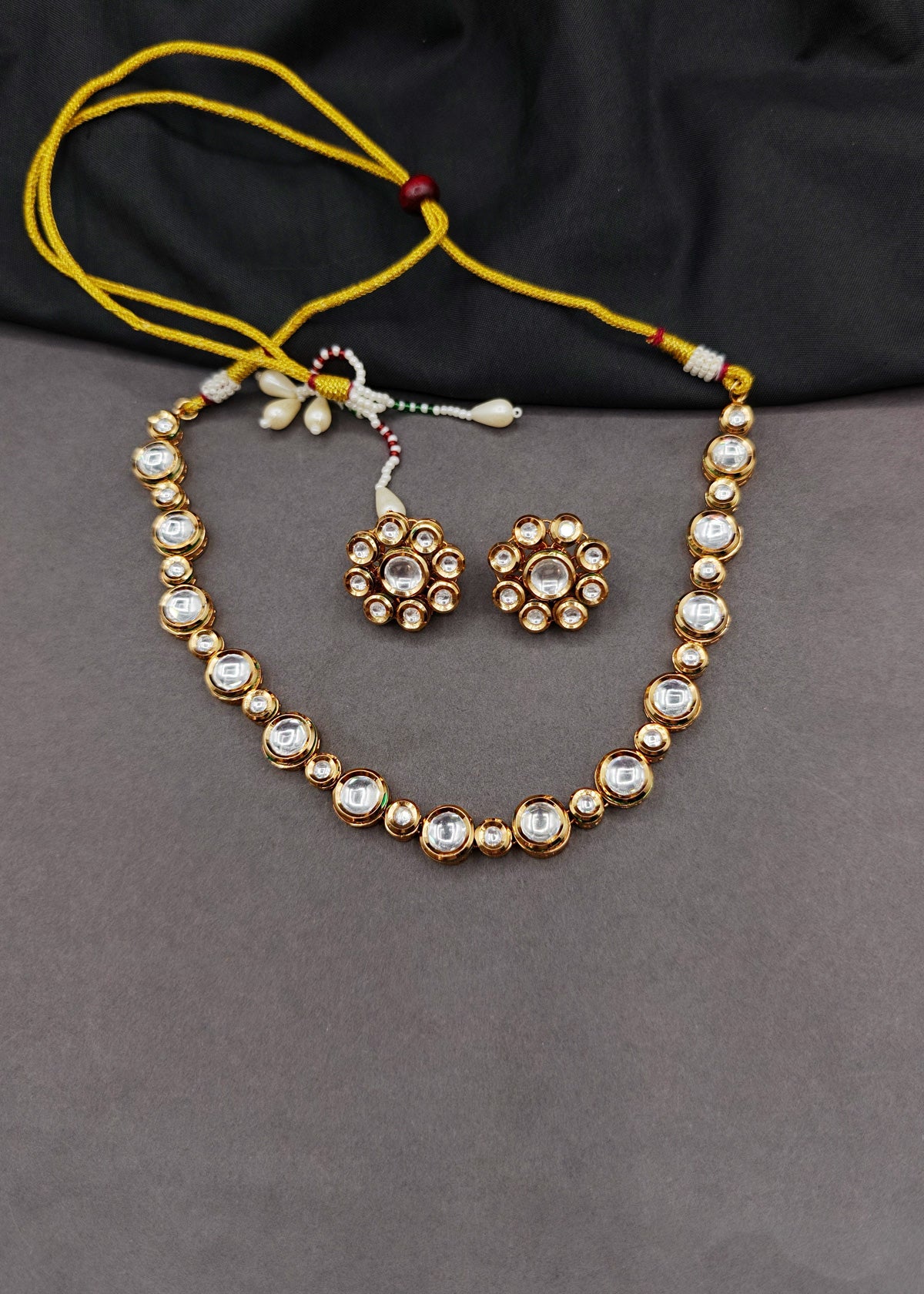 Classic Single Line Kundan Short Adjustable Necklace Set For Women