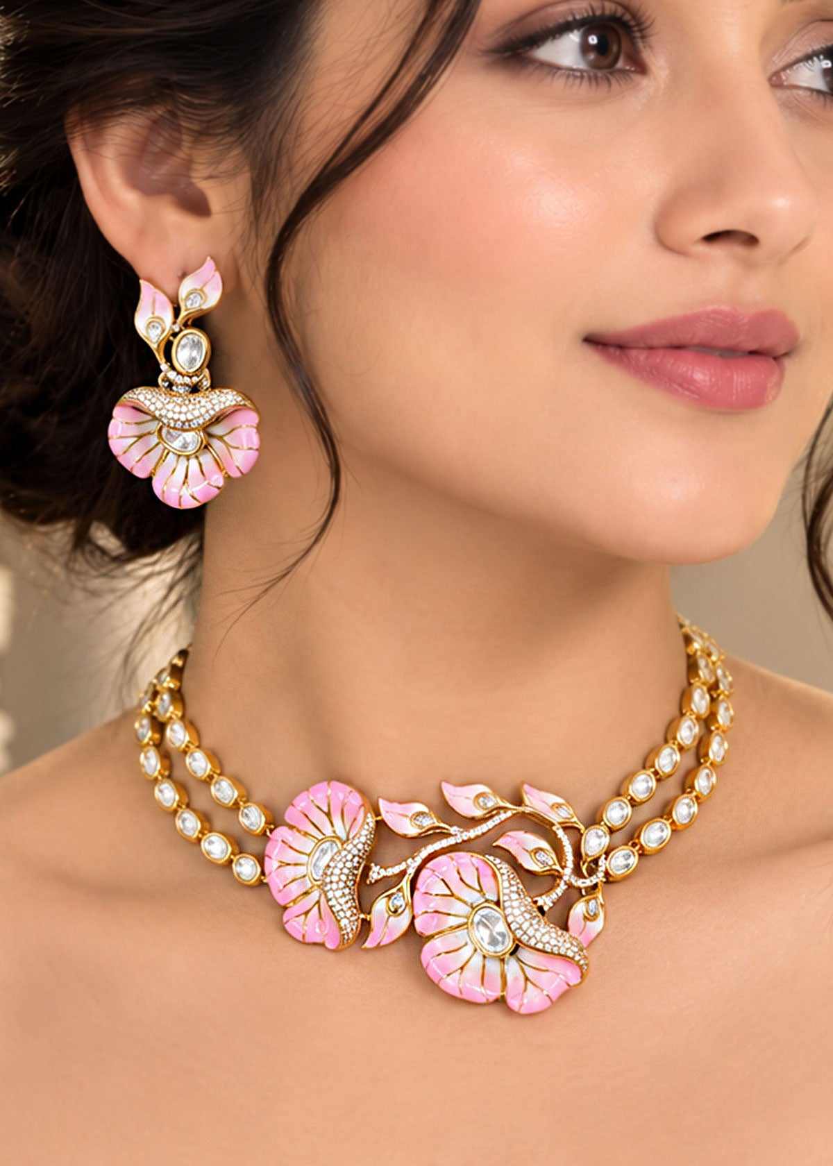 Pastel Pink Meenakari Kundan Short Adjustable Necklace Set For Women