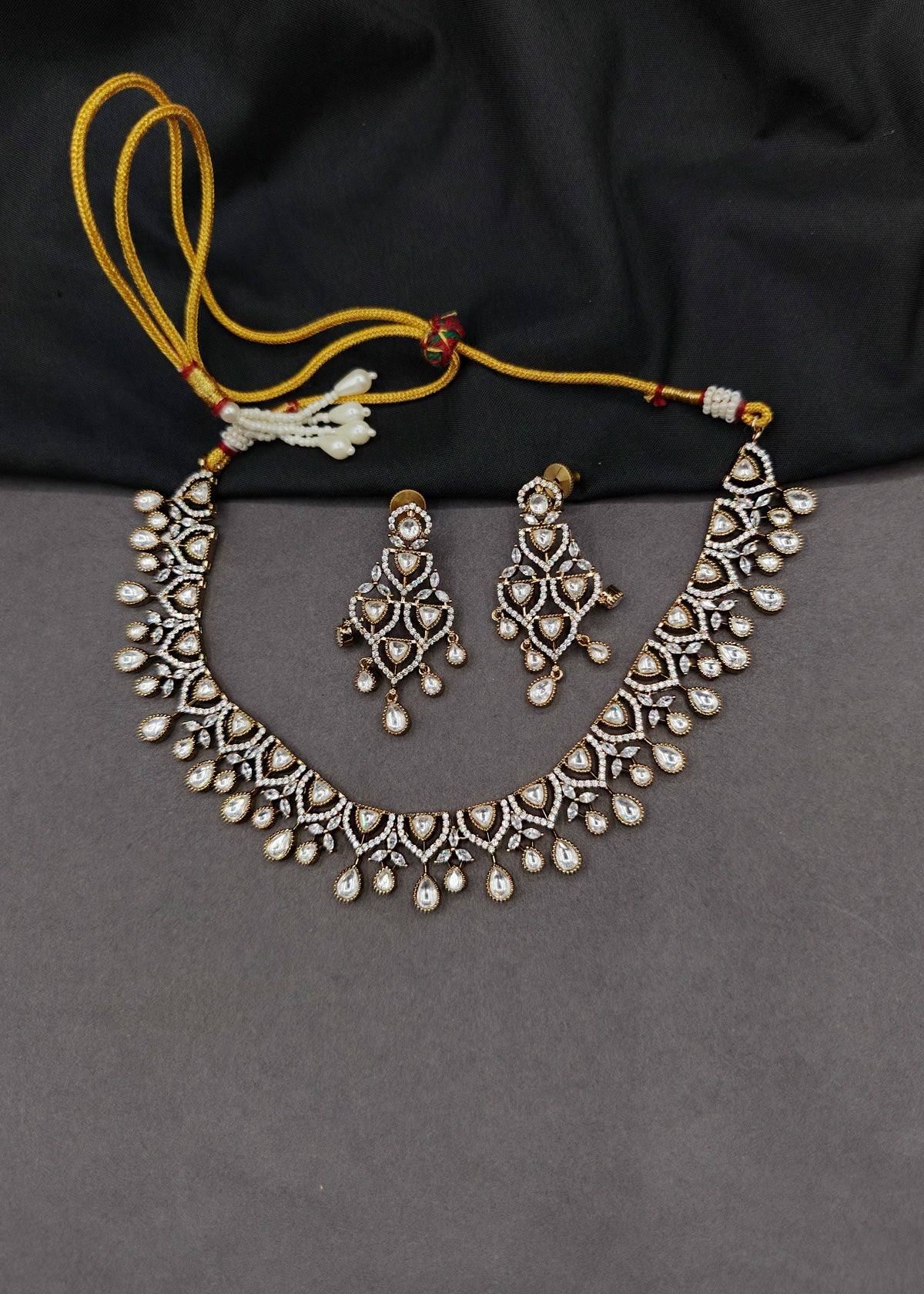 Sparkling Kundan & Marquise Diamond Short Adjustable Necklace Set For Women