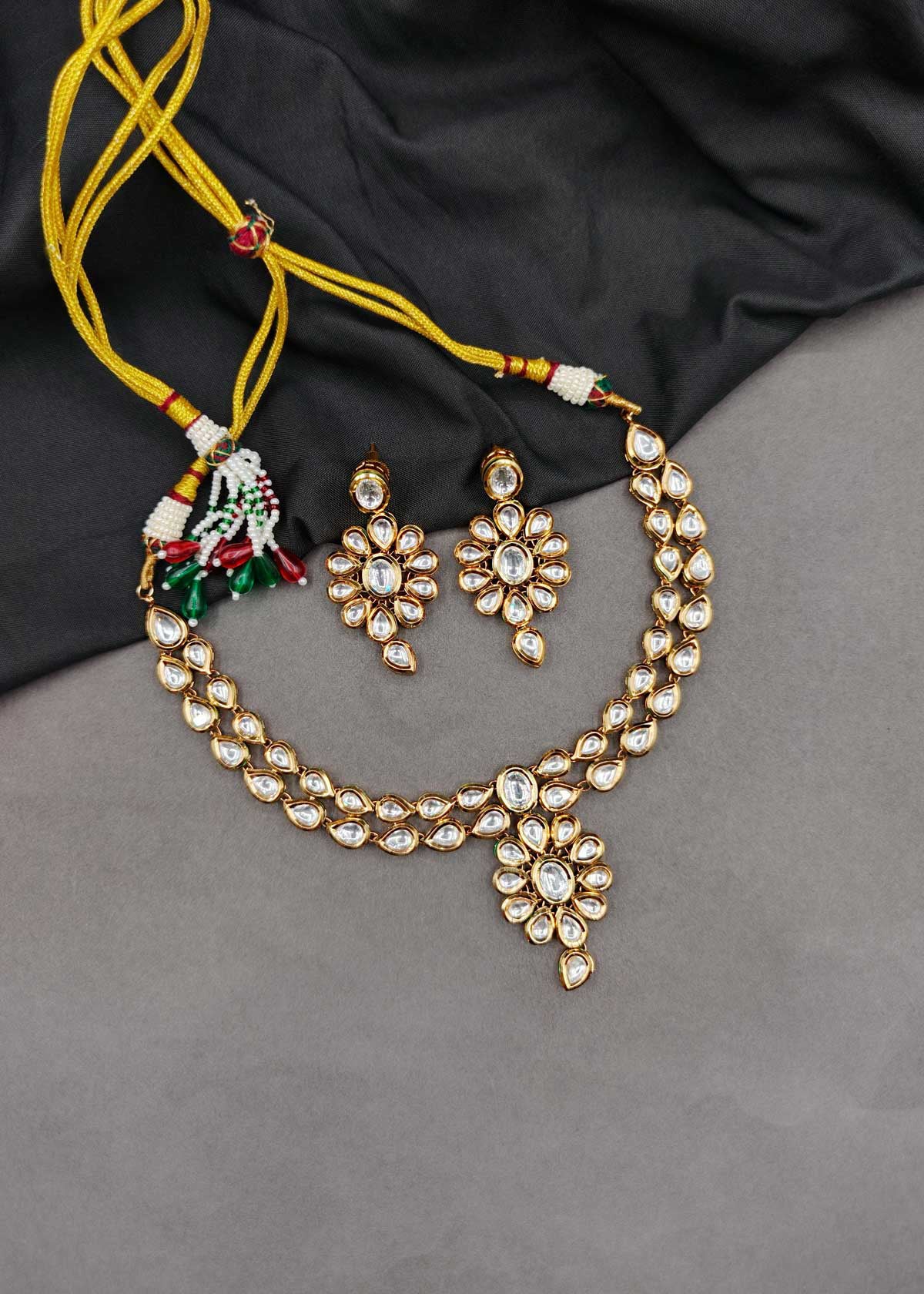 Elegant Gold Plated Kundan Floral Short Adjustable Necklace Set For Women