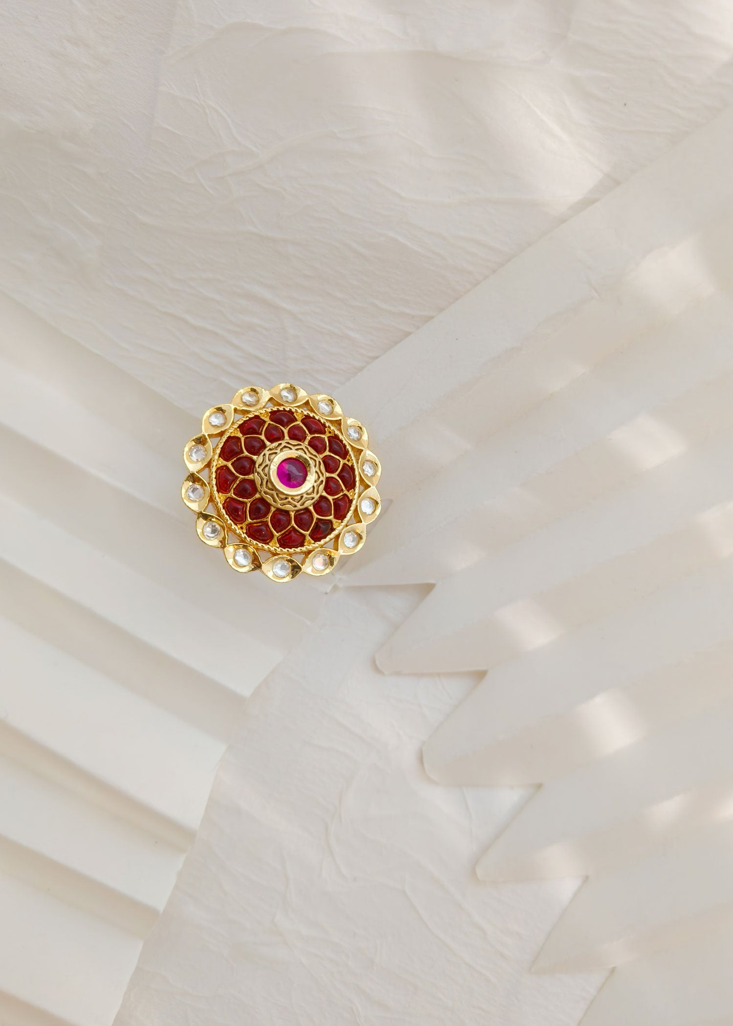 Big Round Shape Ruby Kundan Finger Ring