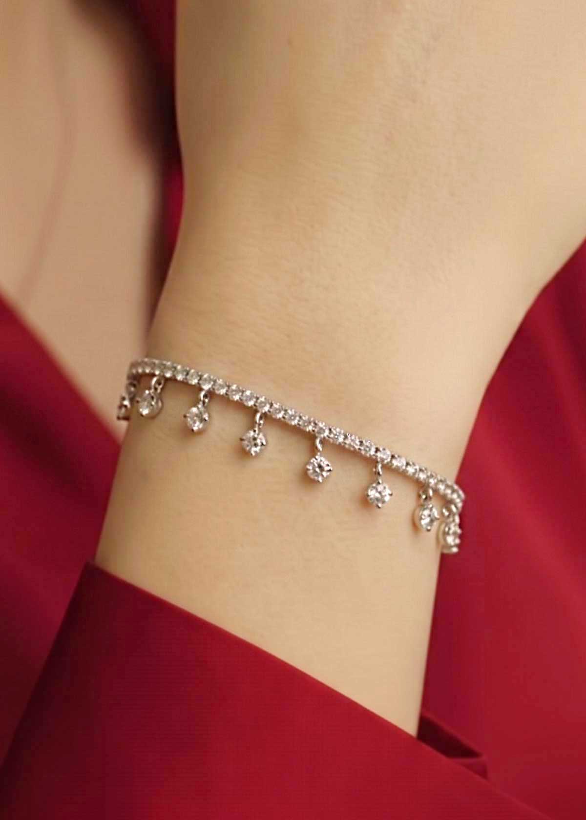 92.5 Sterling Silver Cubic Zircon Dangle Charm Adjustable Loose Bracelet For Women