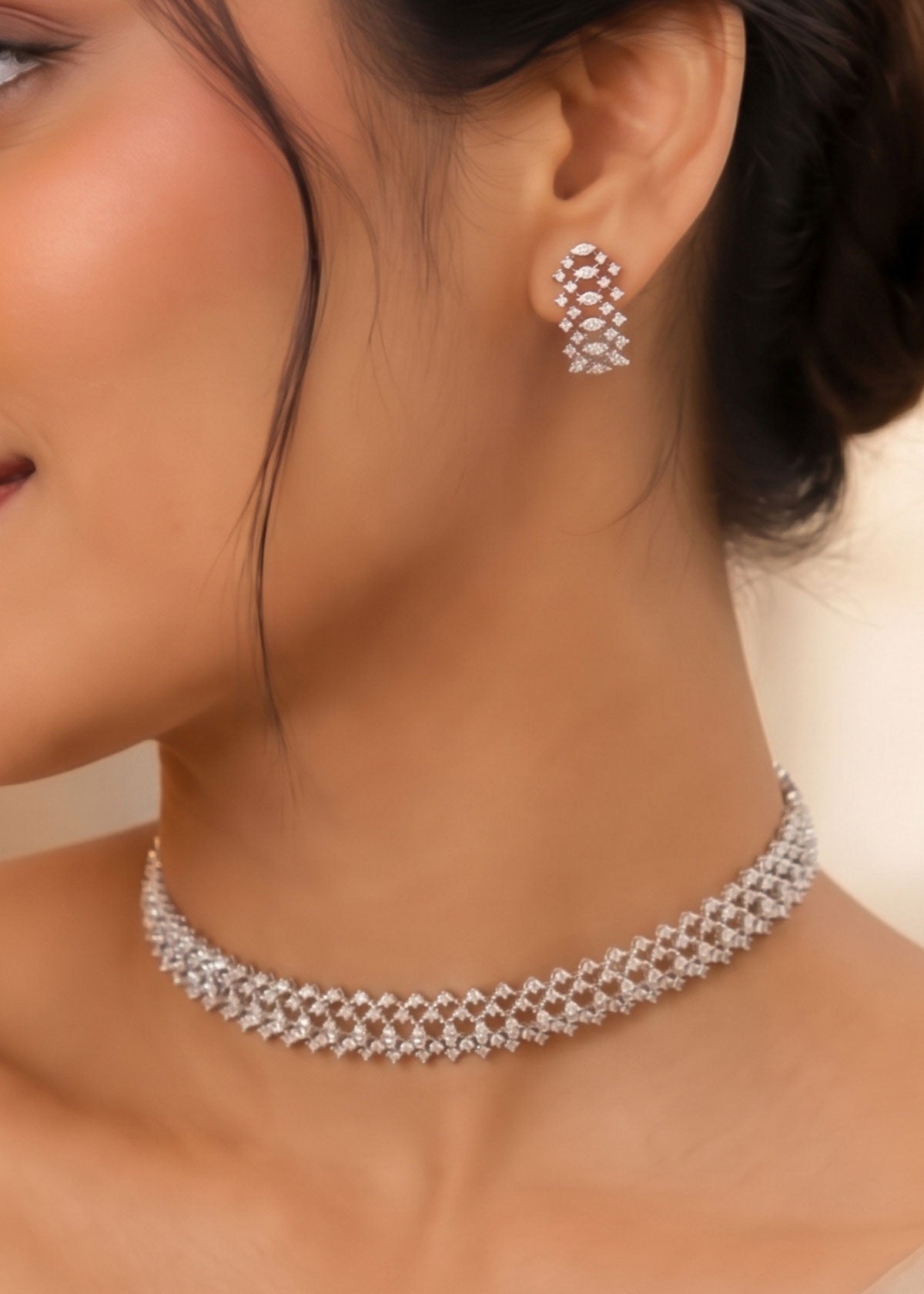 Elegant Sleek Marquise Diamond Lattice Adjustable Choker Necklace Set For Women