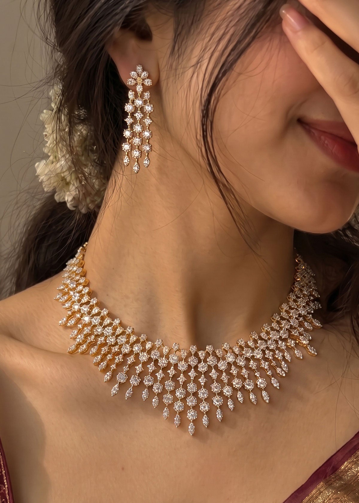 Shimmering Cubic Zircon Cascading Fringe Short Necklace Set For Women